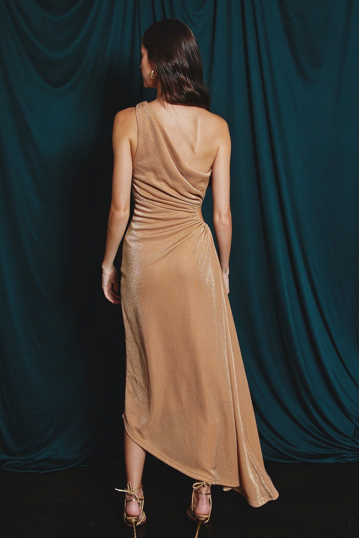 Camel Gold Pearlie One Shoulder Asymmetrical Midi Dress sold by Pinkblush product image thumbnail 3