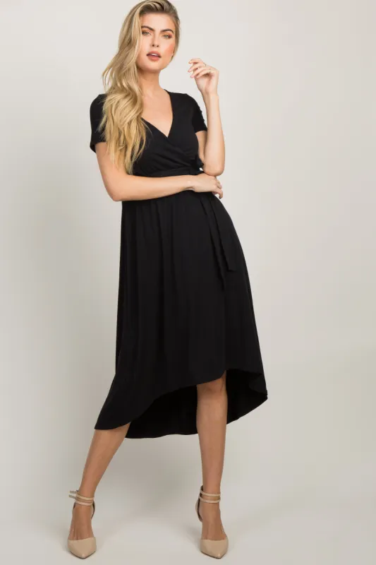 Black Solid Hi-Low Wrap Dress sold by Pinkblush