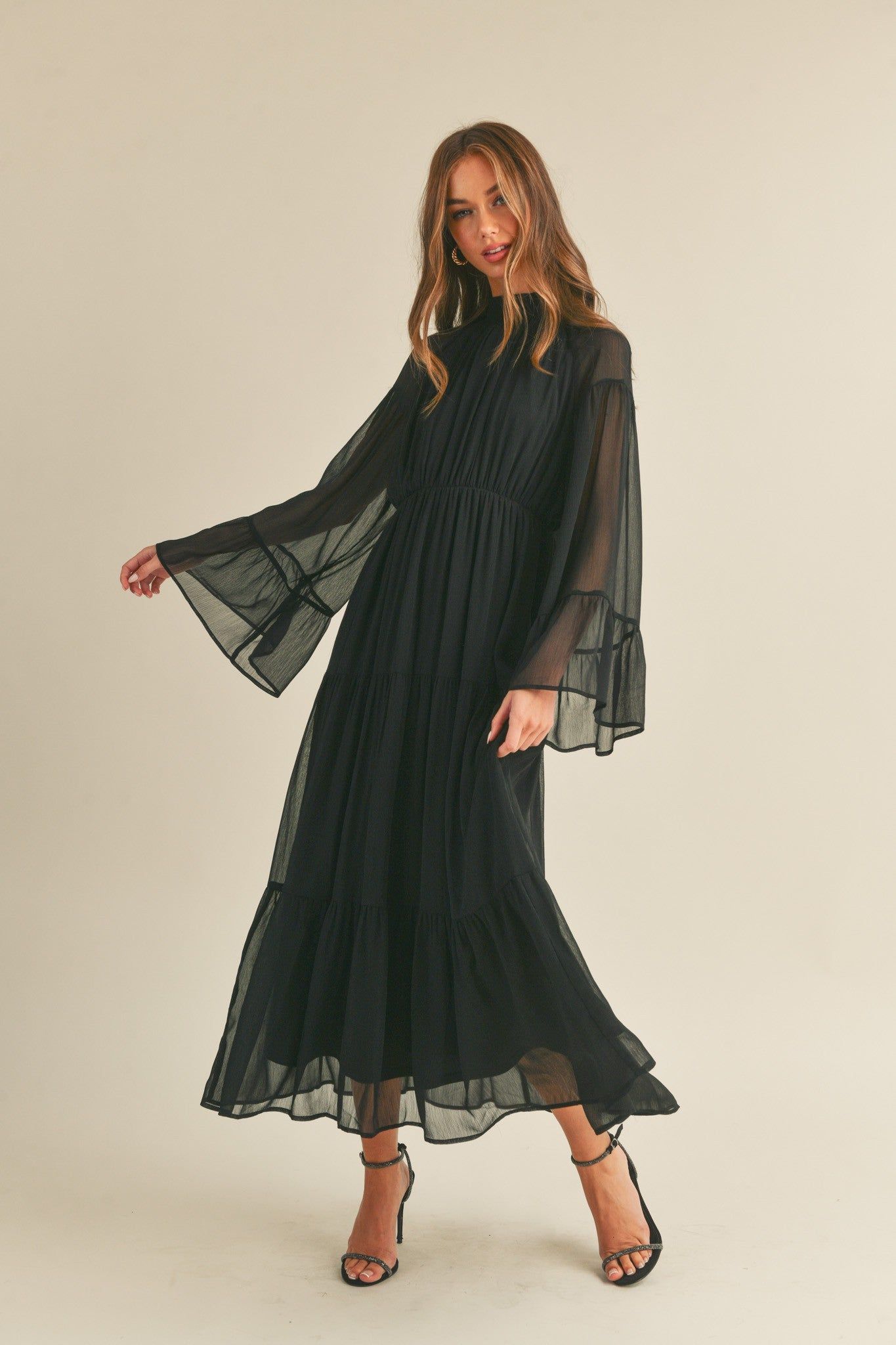 Black Mock Neck Tiered Midi Dress sold by Pinkblush product image thumbnail 2