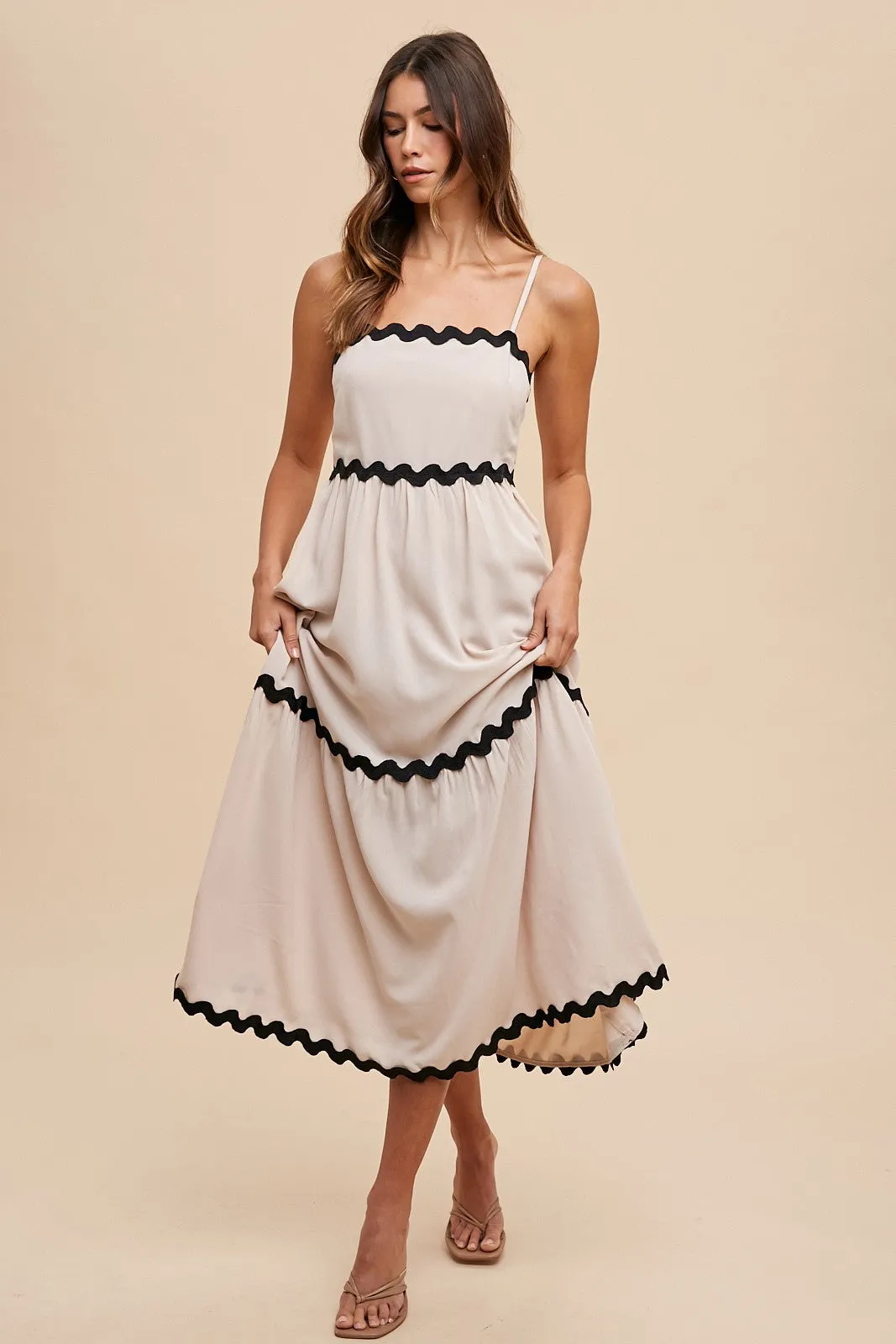 Beige Ric Rac Trim Tiered Midi Dress sold by Pinkblush product image thumbnail 4