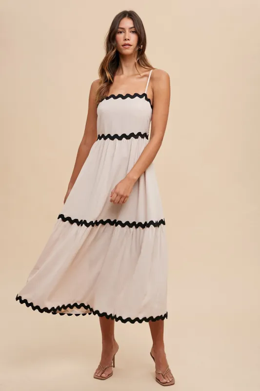 Beige Ric Rac Trim Tiered Midi Dress sold by Pinkblush