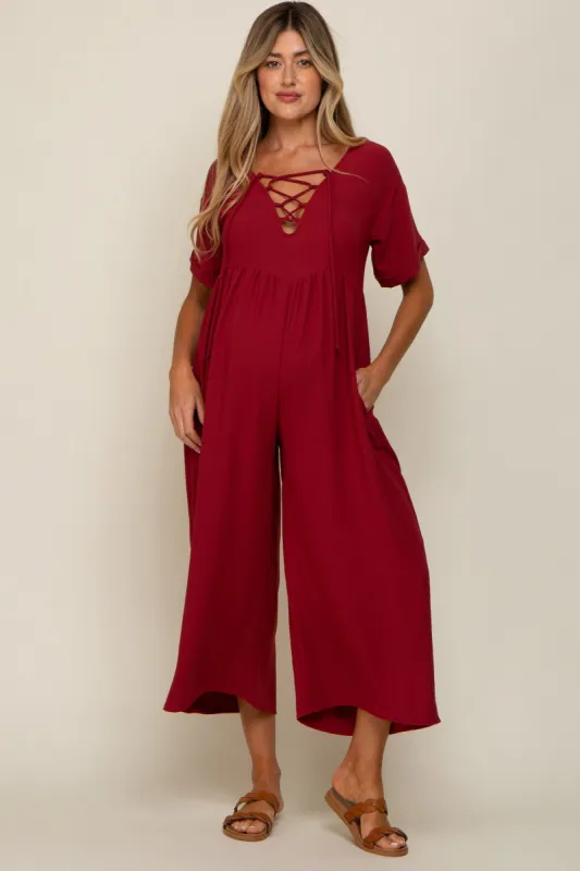 Burgundy Crisscross Wide Leg Maternity Jumpsuit sold by Pinkblush