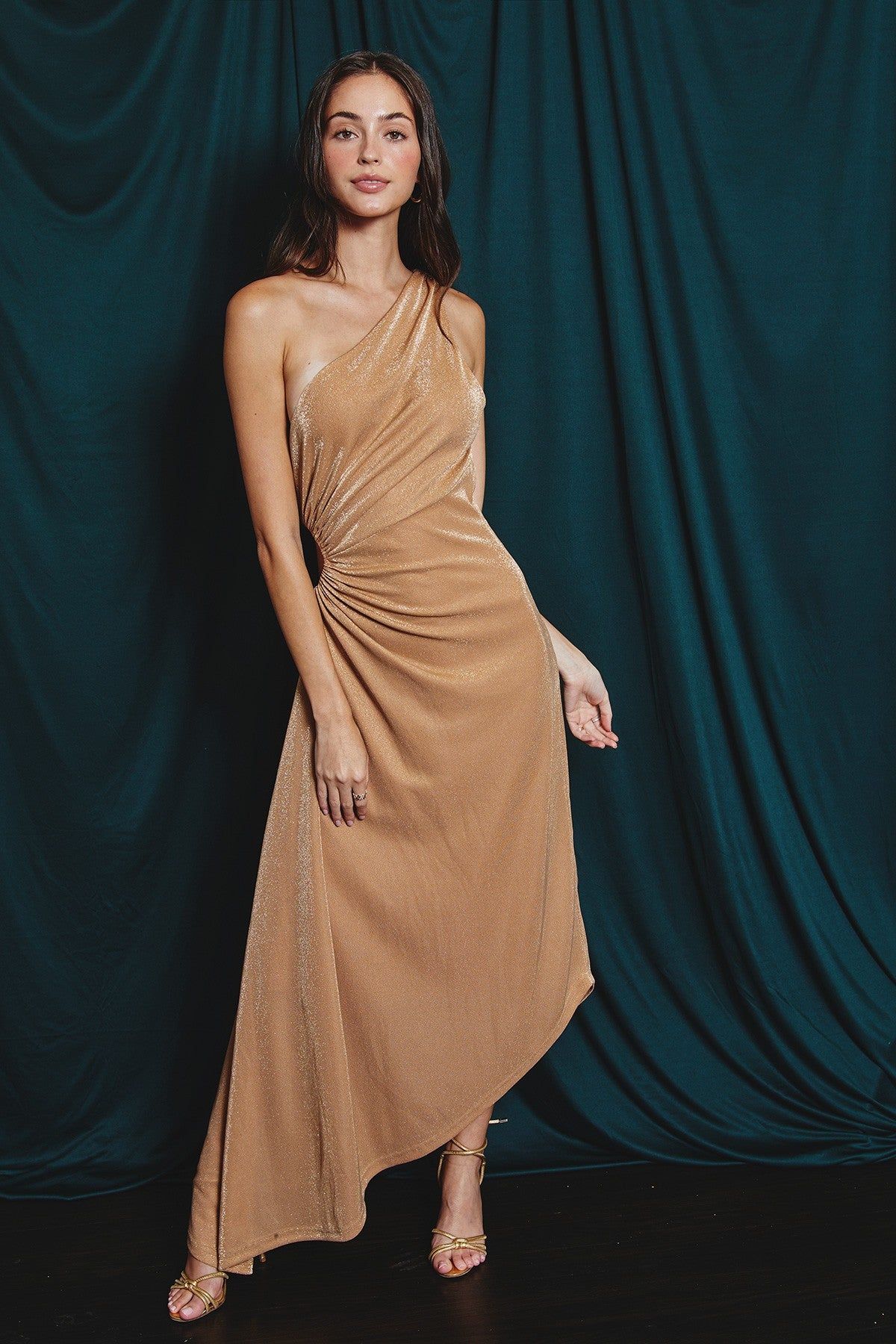 Camel Gold Pearlie One Shoulder Asymmetrical Midi Dress sold by Pinkblush
