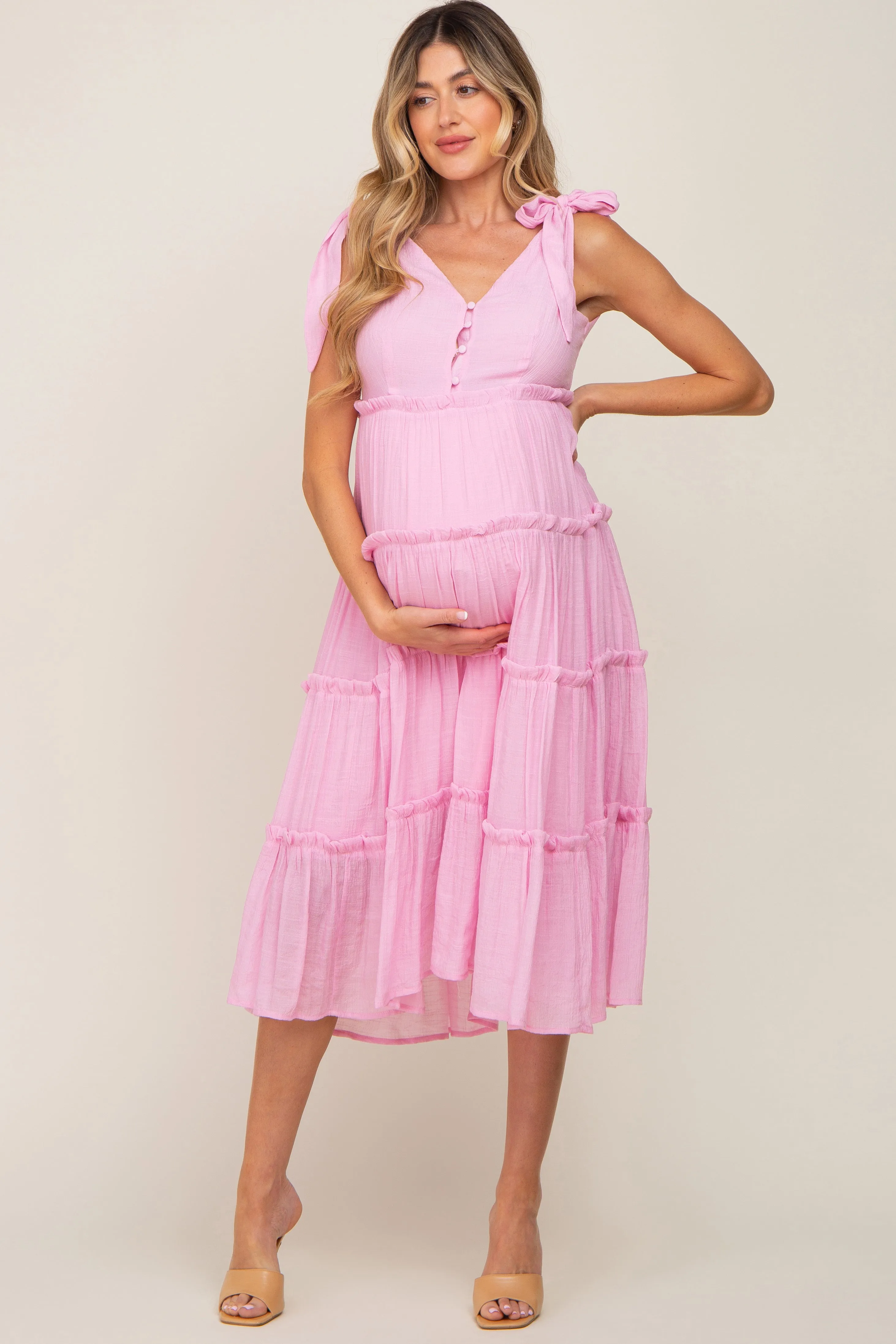 Pink Linen Button Front Shoulder Tie Tiered Maternity Midi Dress sold by Pinkblush product image thumbnail 2