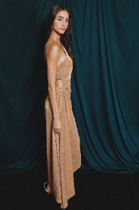 Camel Gold Pearlie One Shoulder Asymmetrical Midi Dress sold by Pinkblush