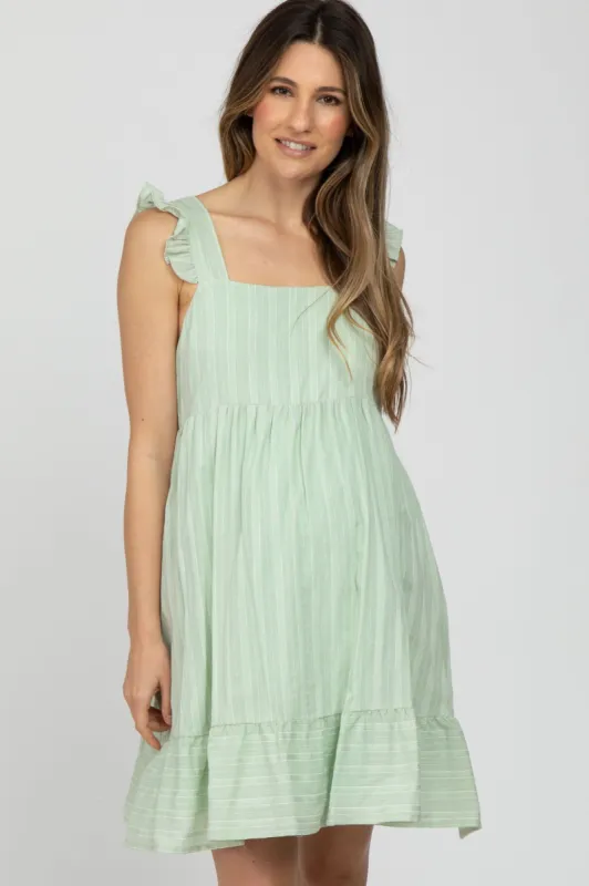 Mint Green Striped Square Neck Ruffle Strap Maternity Dress sold by Pinkblush