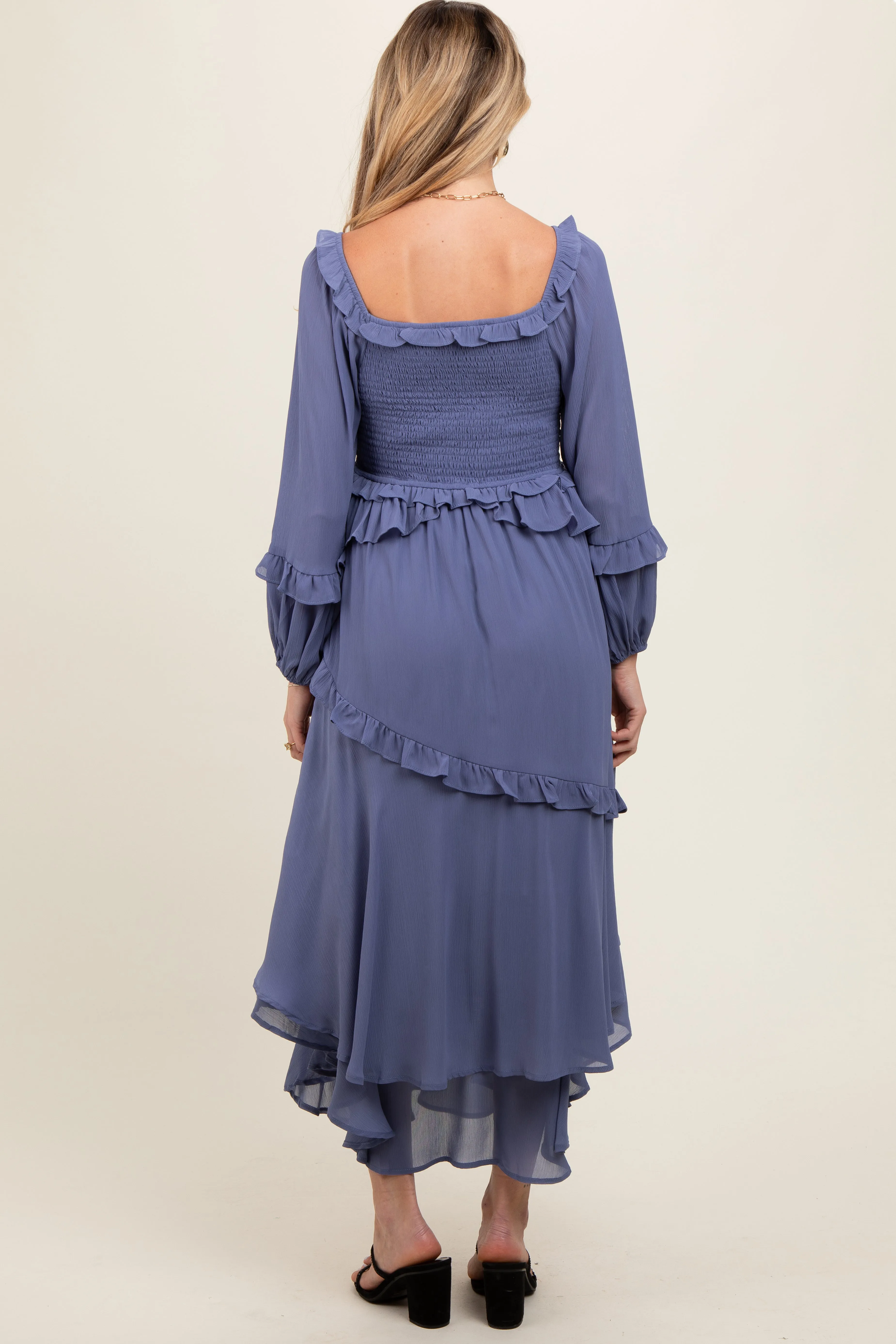 Blue Smocked Ruffle Long Sleeve Maternity Midi Dress sold by Pinkblush product image thumbnail 3
