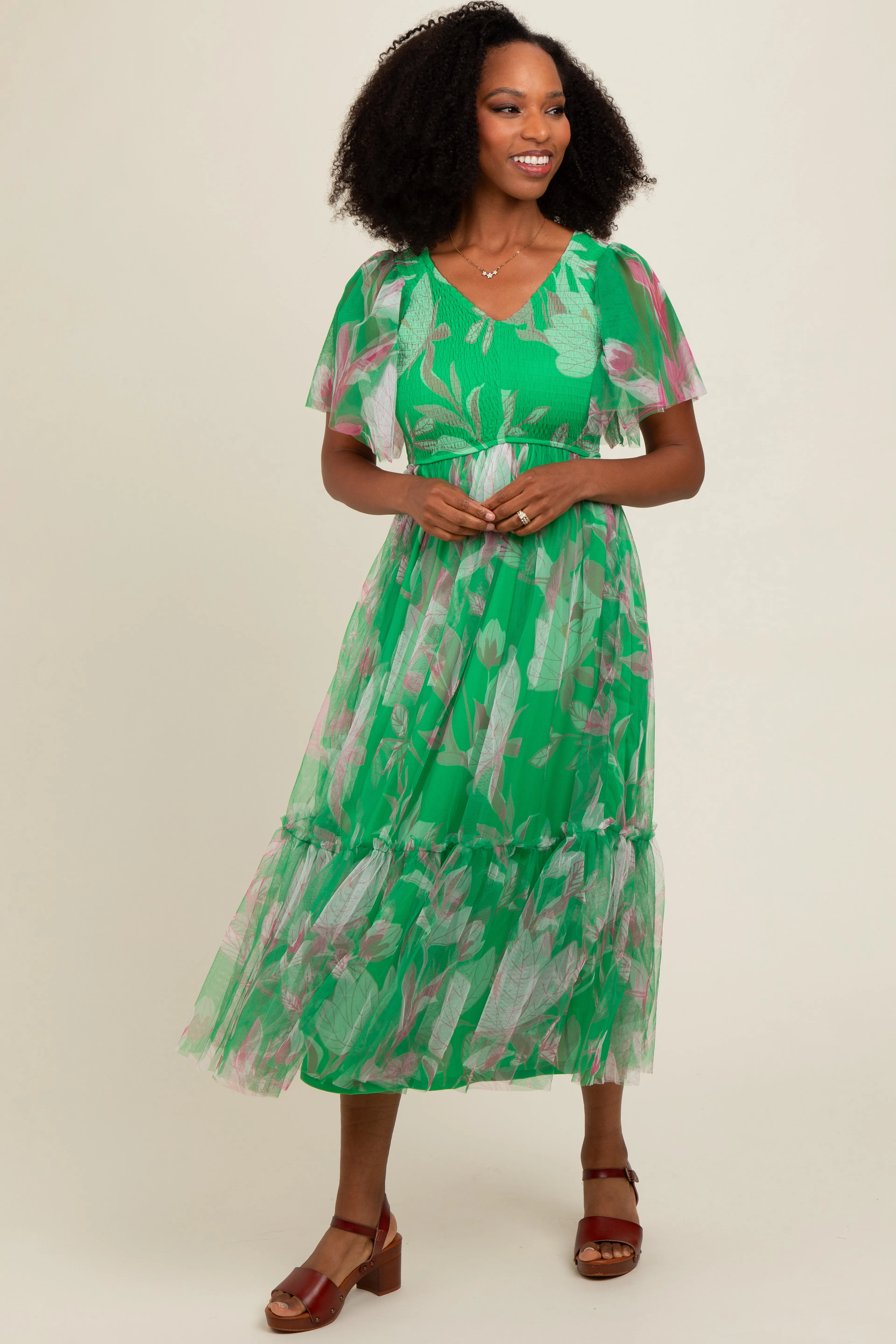 Green Leaf Print Mesh Smocked Maternity Midi Dress sold by Pinkblush product image thumbnail 5
