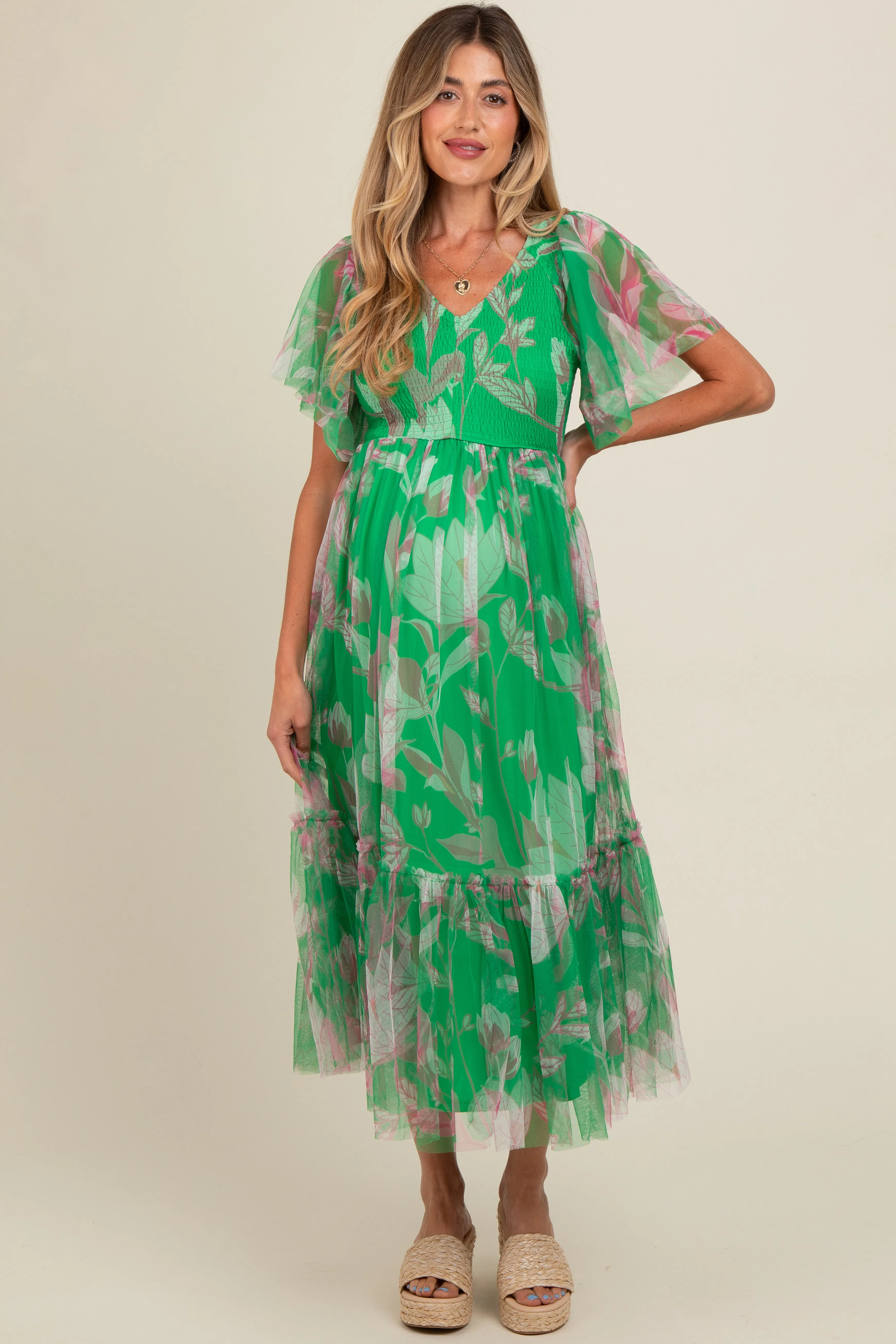 Green Leaf Print Mesh Smocked Maternity Midi Dress sold by Pinkblush product image thumbnail 2
