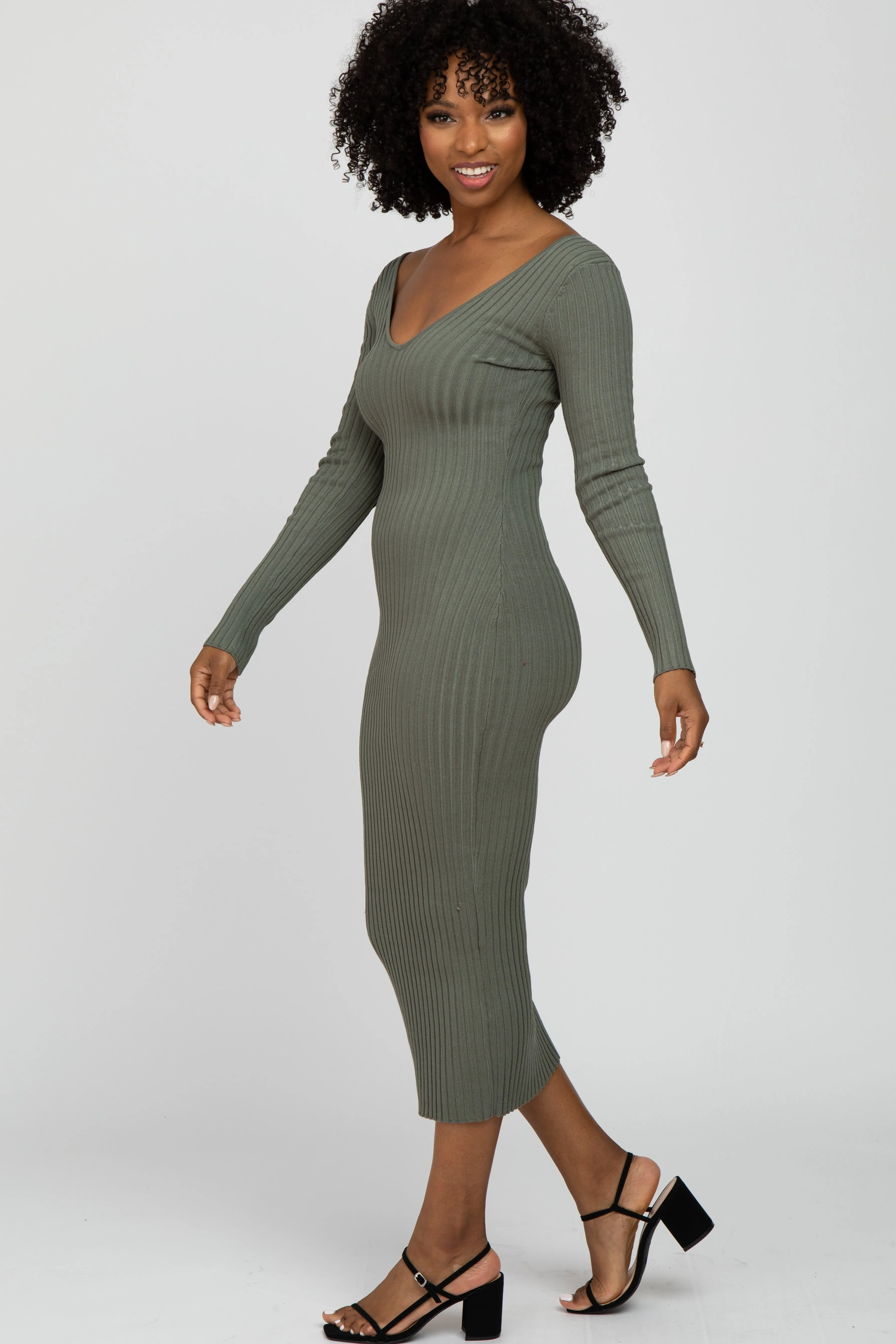Light Olive V-Neck Long Sleeve Fitted Maxi Dress sold by Pinkblush product image thumbnail 3