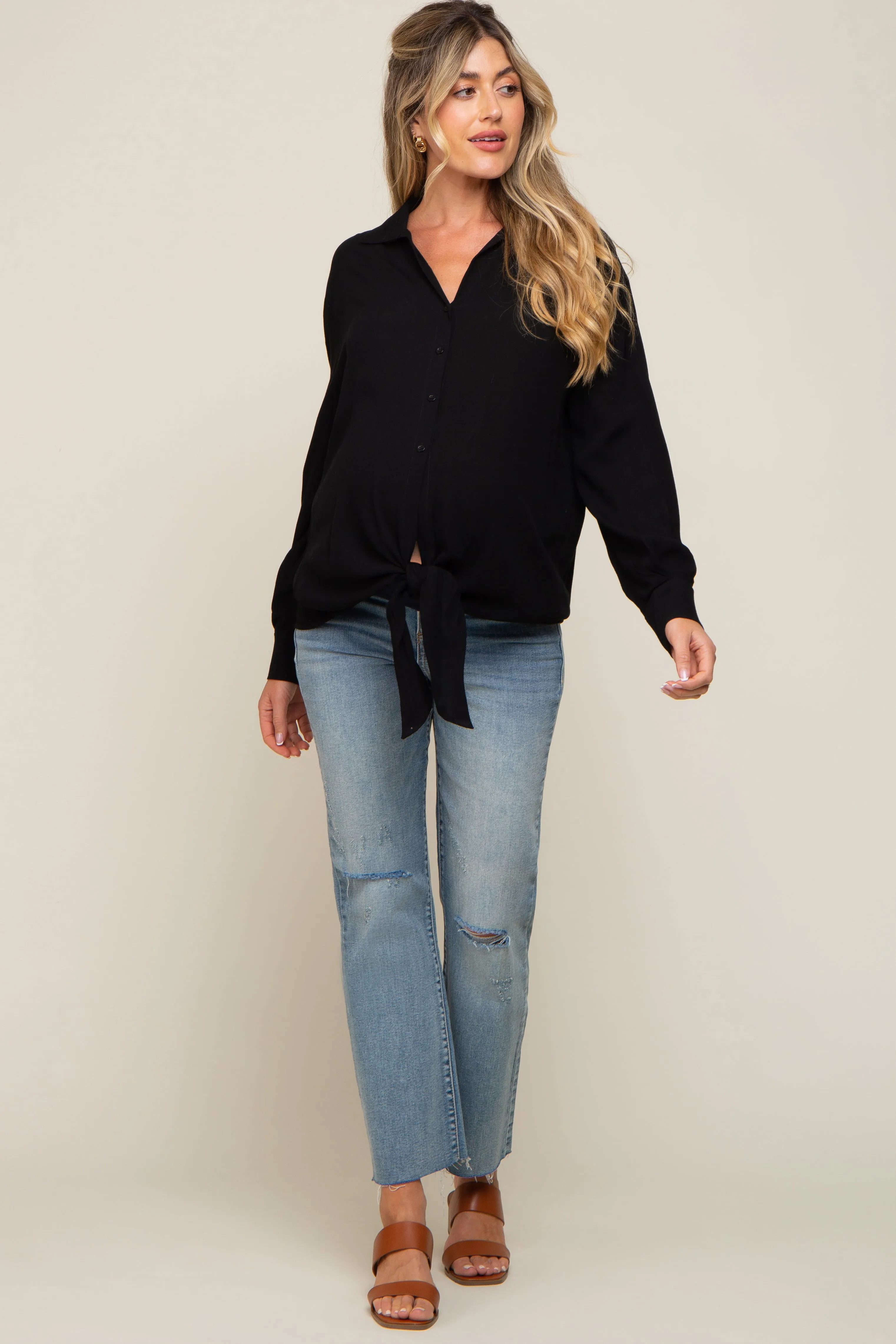 Black Collared Button Down Knotted Maternity Shirt sold by Pinkblush product image thumbnail 5