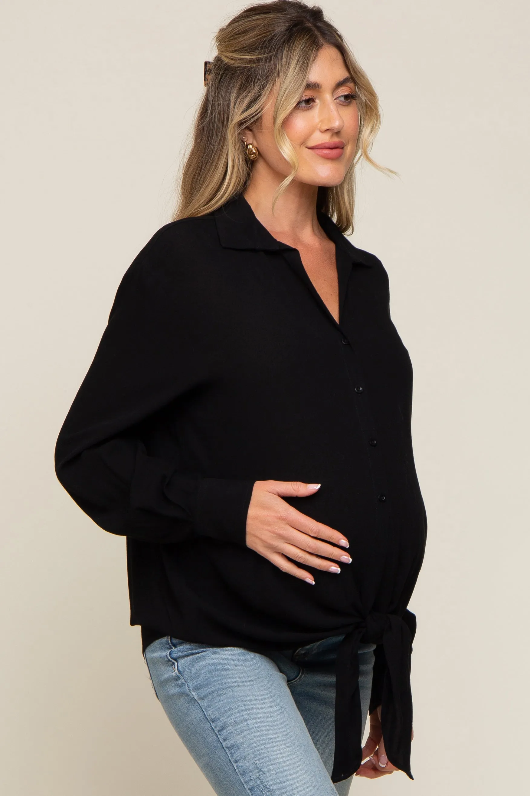 Black Collared Button Down Knotted Maternity Shirt sold by Pinkblush product image thumbnail 2