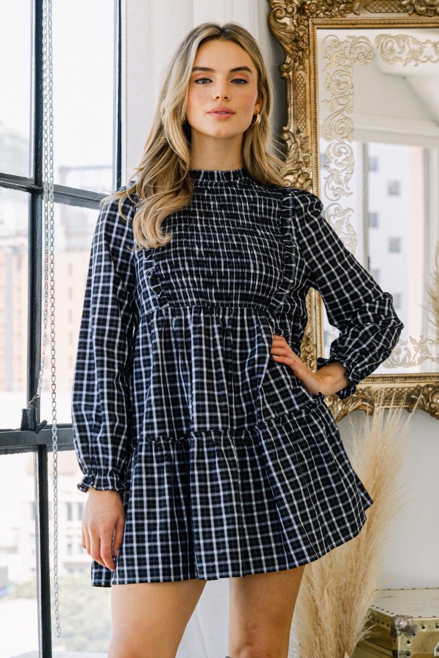 Black Plaid Babydoll Mini Dress sold by Pinkblush product image thumbnail 2