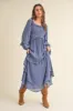 Blue Smocked Ruffle Long Sleeve Maternity Midi Dress sold by Pinkblush