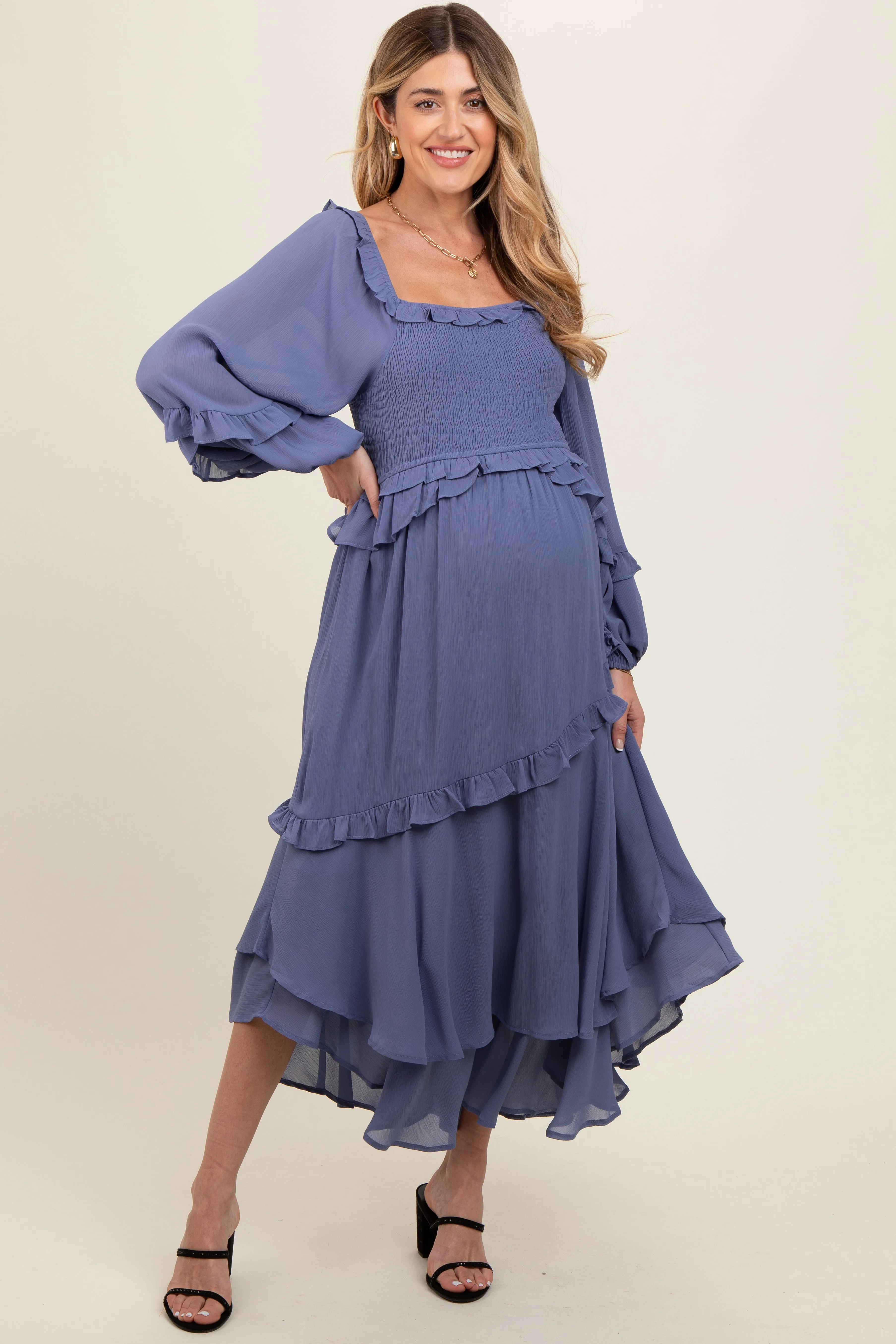 Blue Smocked Ruffle Long Sleeve Maternity Midi Dress sold by Pinkblush