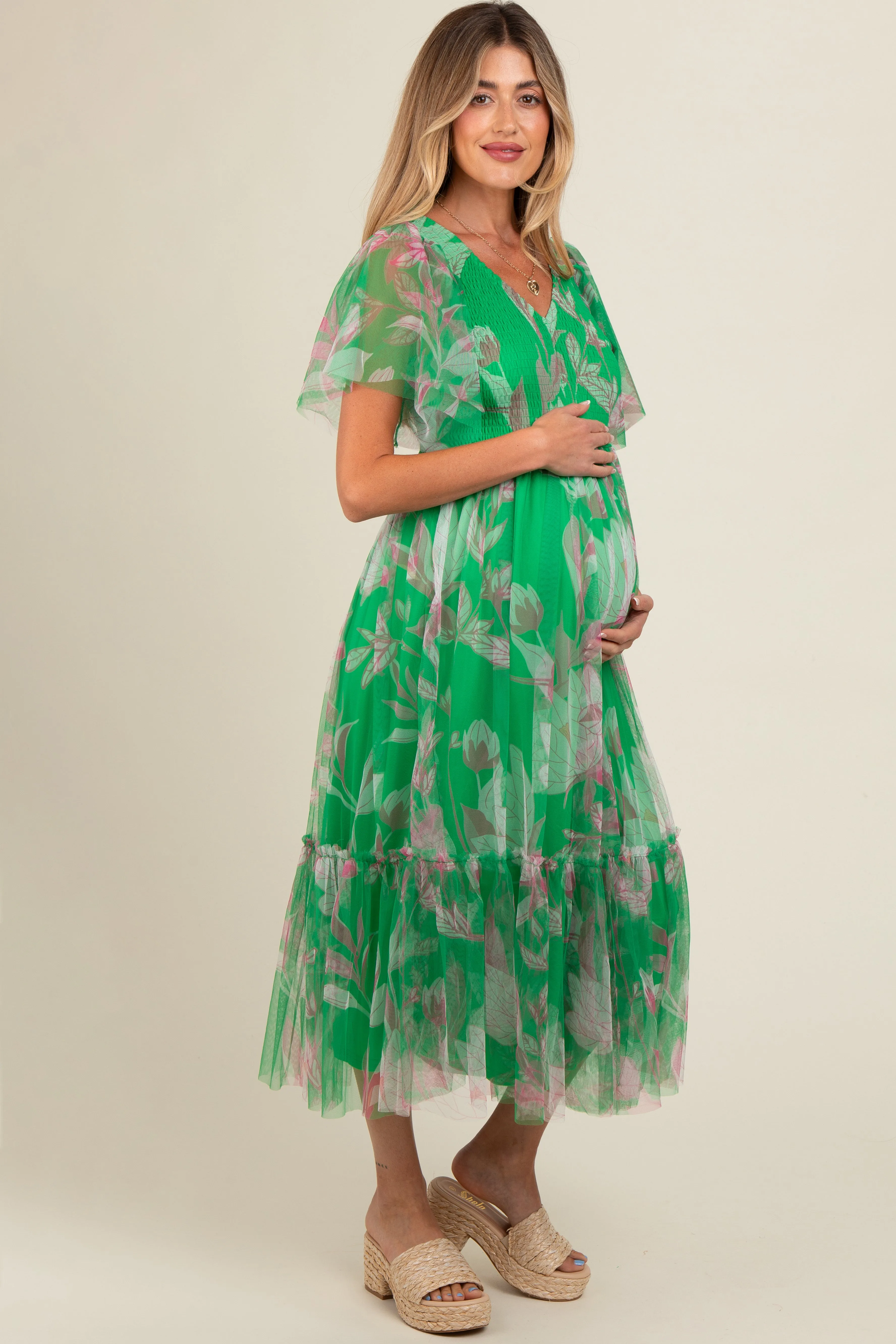 Green Leaf Print Mesh Smocked Maternity Midi Dress sold by Pinkblush product image thumbnail 3