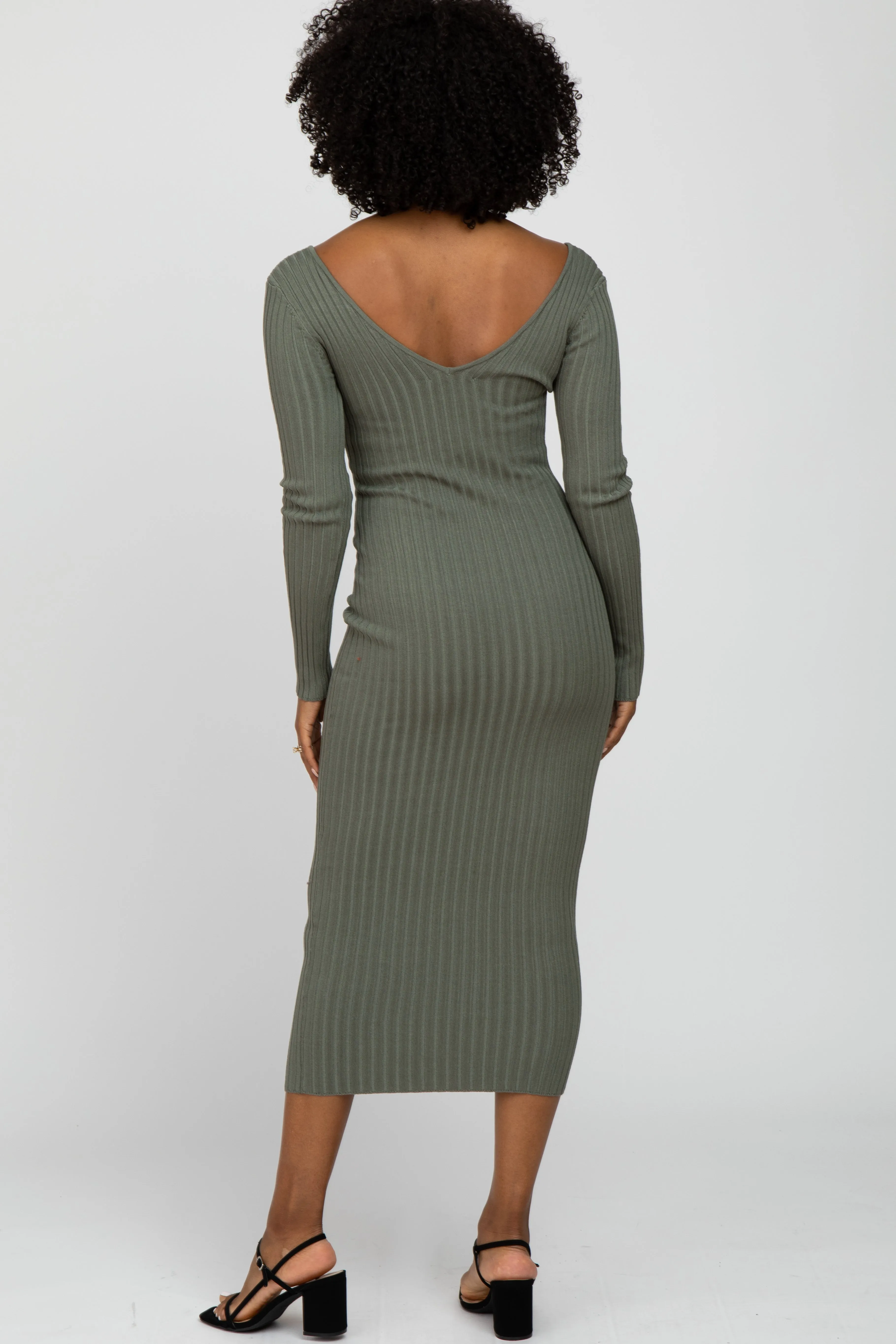 Light Olive V-Neck Long Sleeve Fitted Maxi Dress sold by Pinkblush product image thumbnail 4