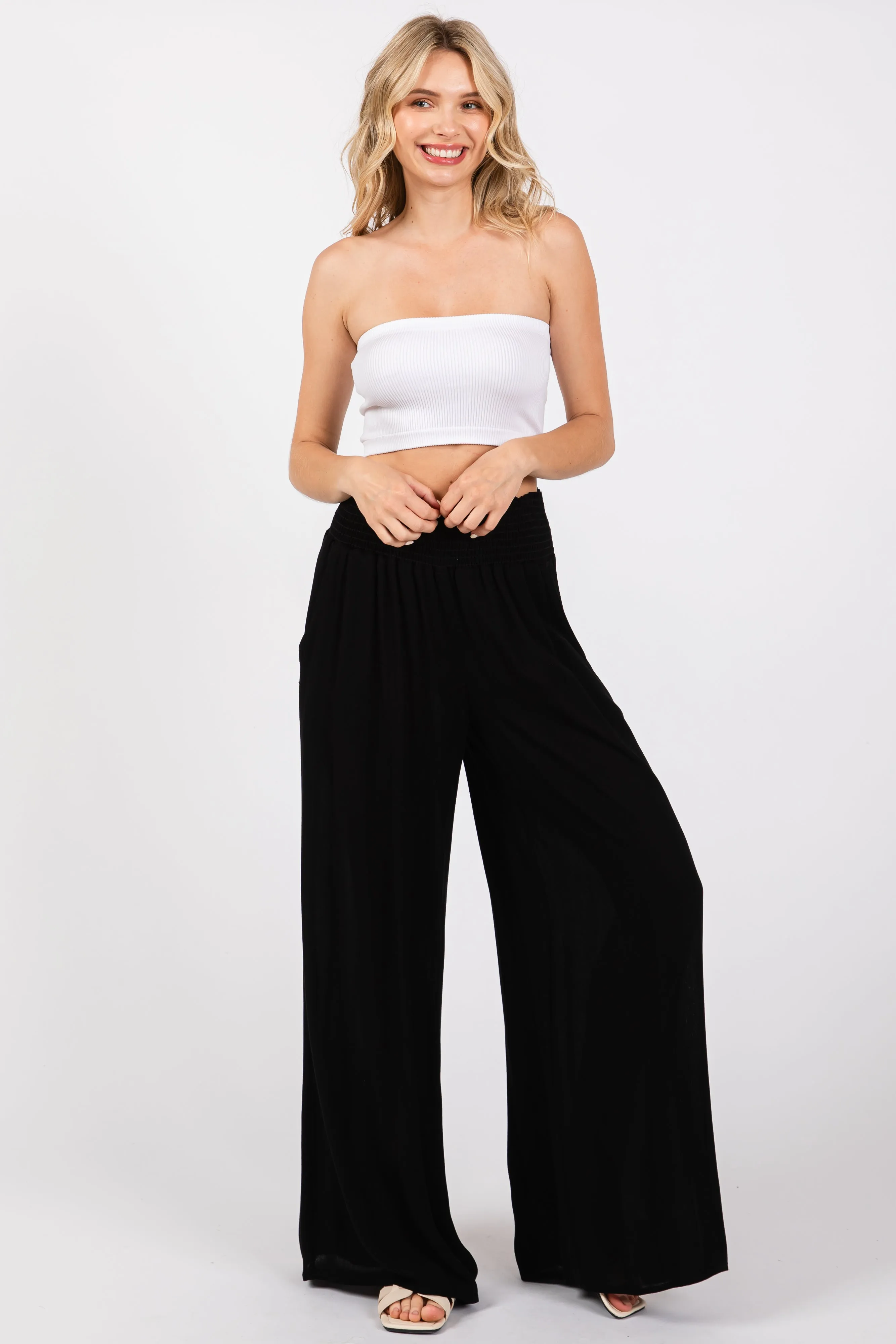 Black Wide Smock Waist Pants sold by Pinkblush