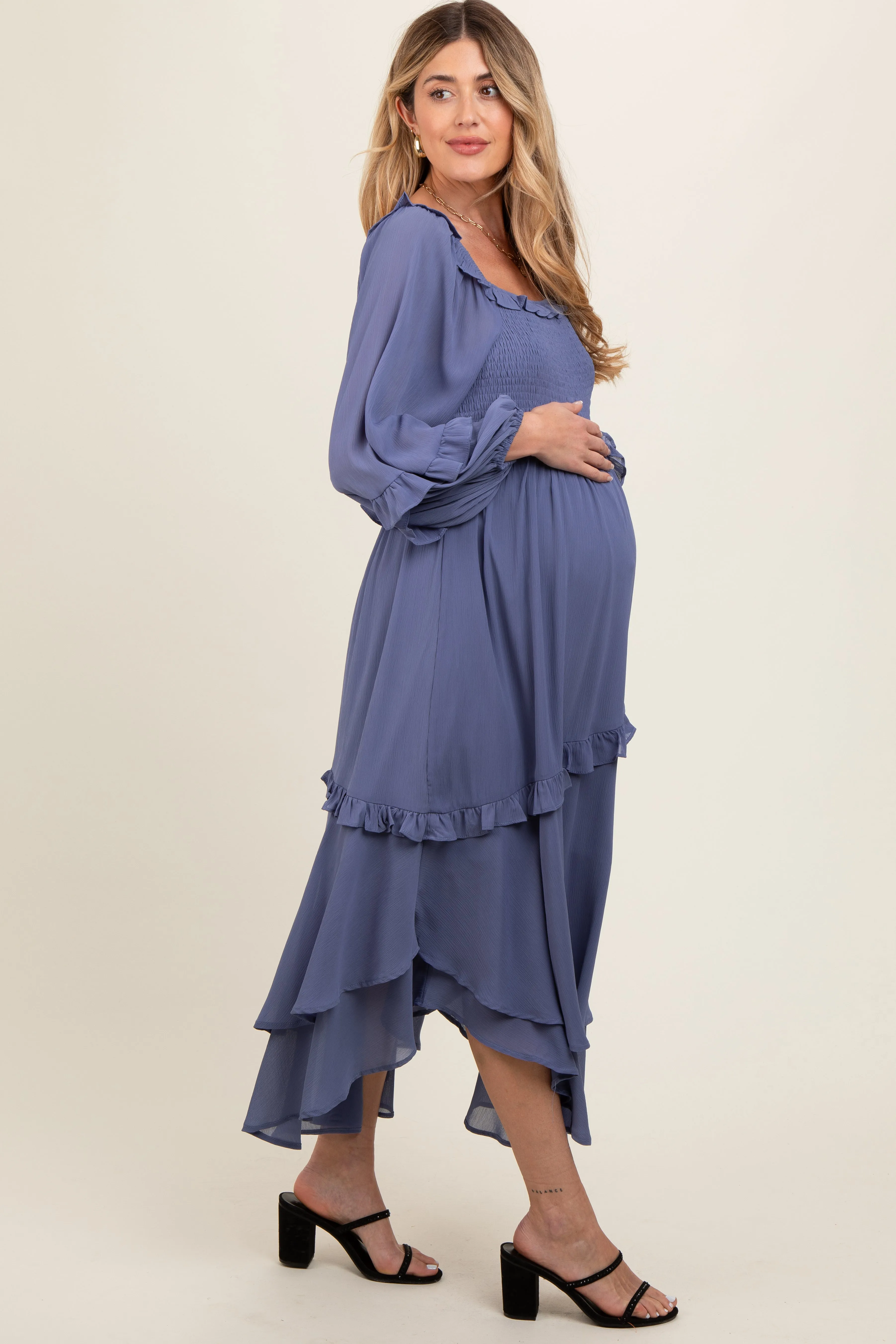 Blue Smocked Ruffle Long Sleeve Maternity Midi Dress sold by Pinkblush product image thumbnail 2