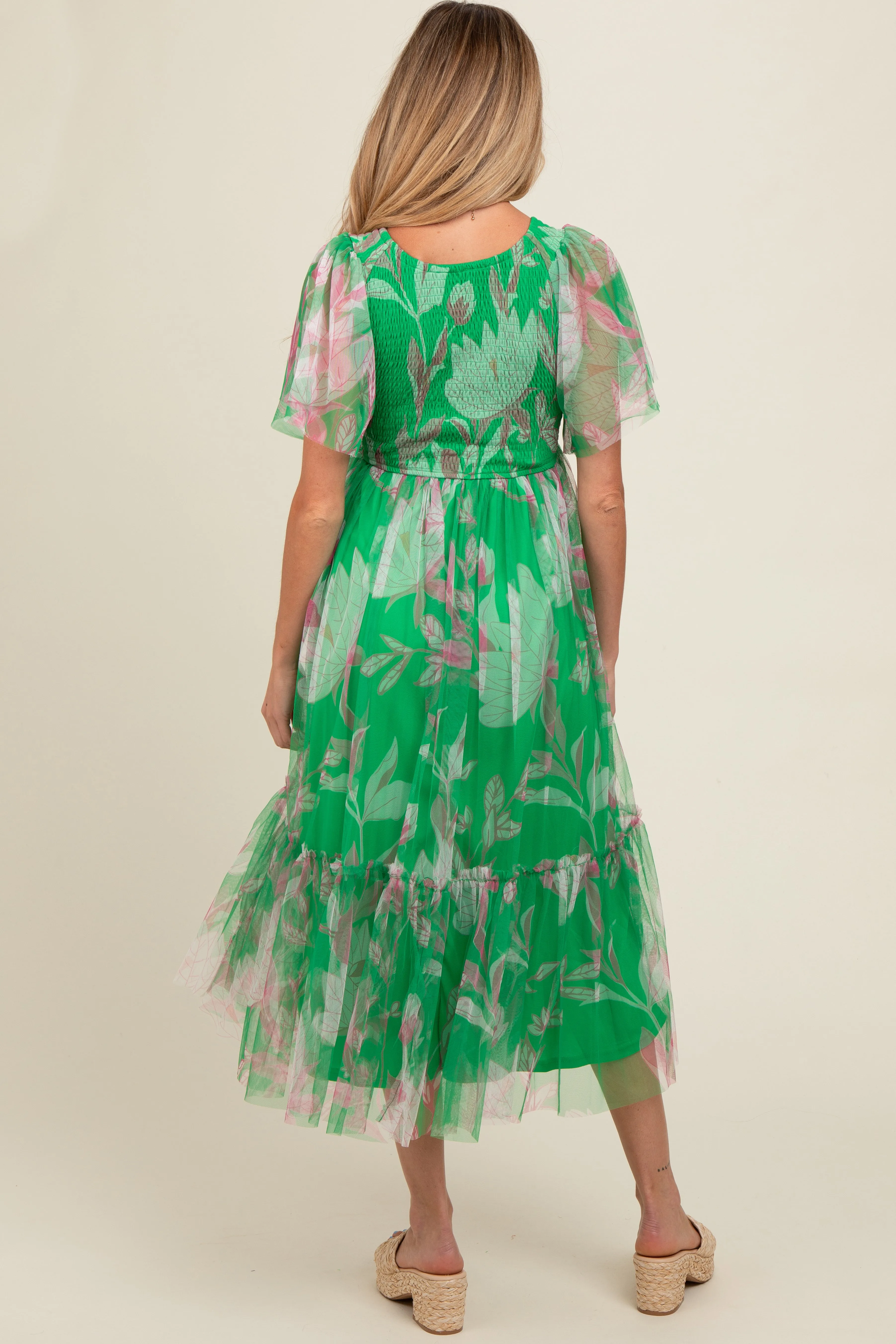 Green Leaf Print Mesh Smocked Maternity Midi Dress sold by Pinkblush product image thumbnail 4
