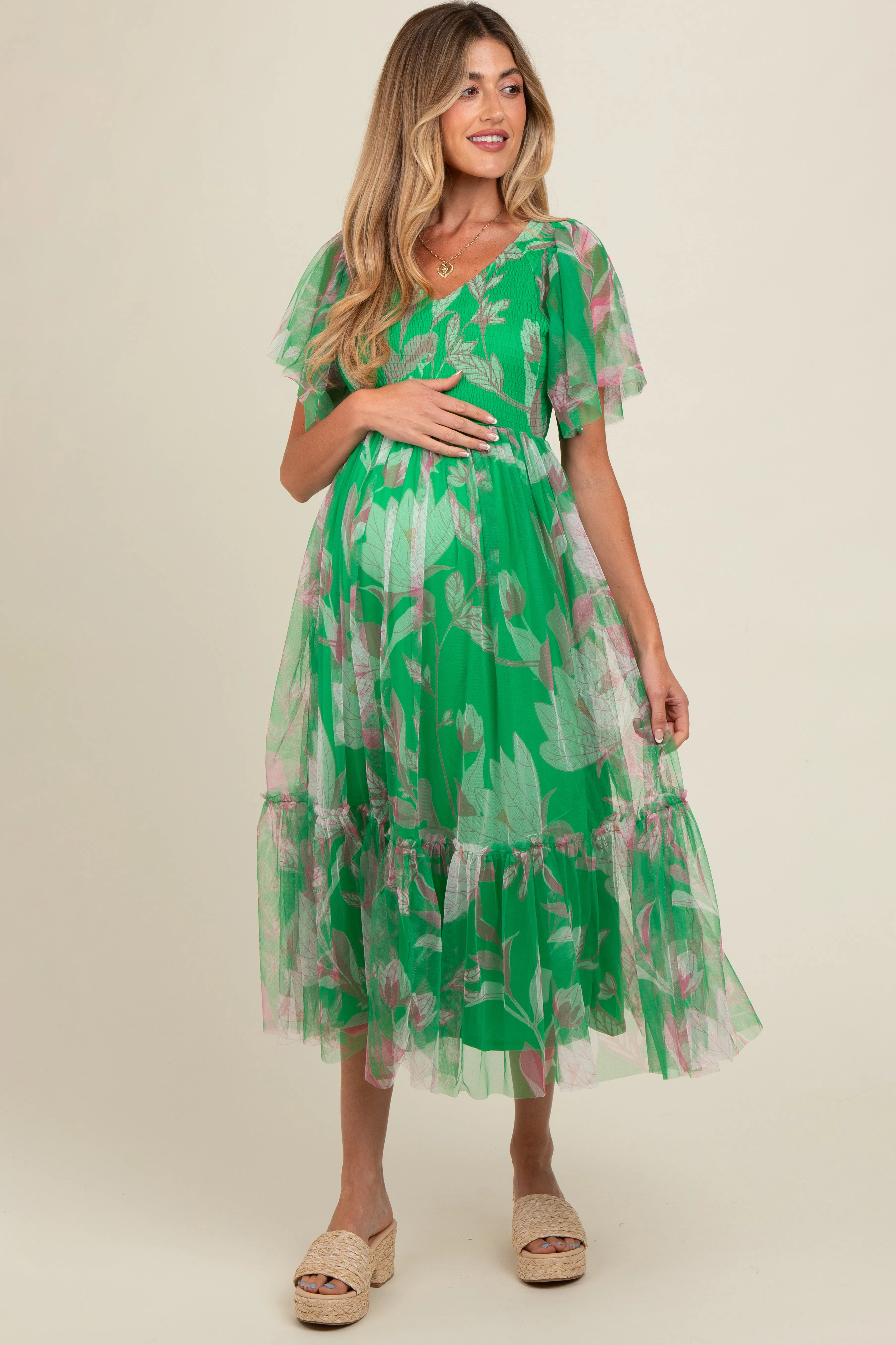 Green Leaf Print Mesh Smocked Maternity Midi Dress sold by Pinkblush