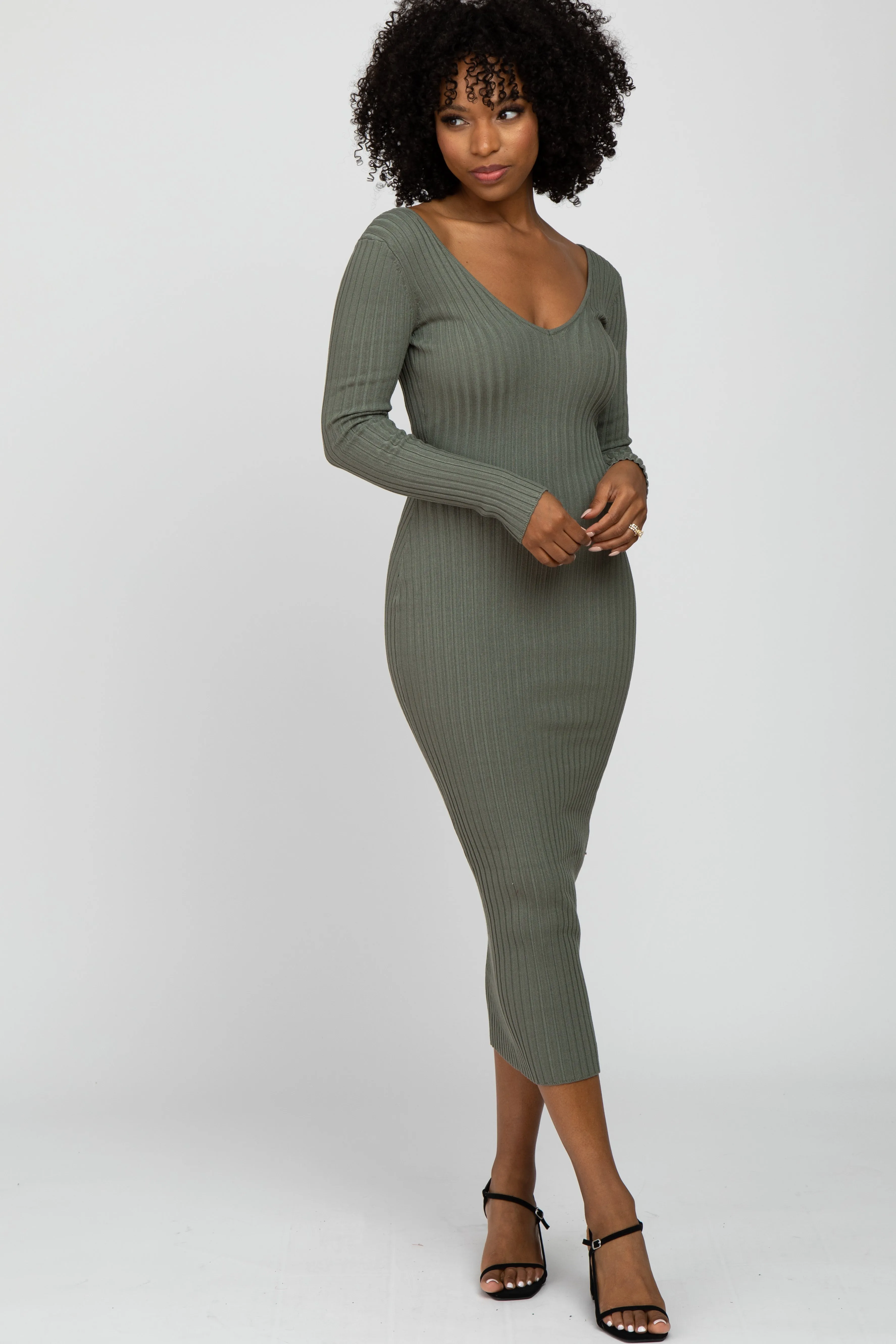 Light Olive V-Neck Long Sleeve Fitted Maxi Dress sold by Pinkblush product image thumbnail 2