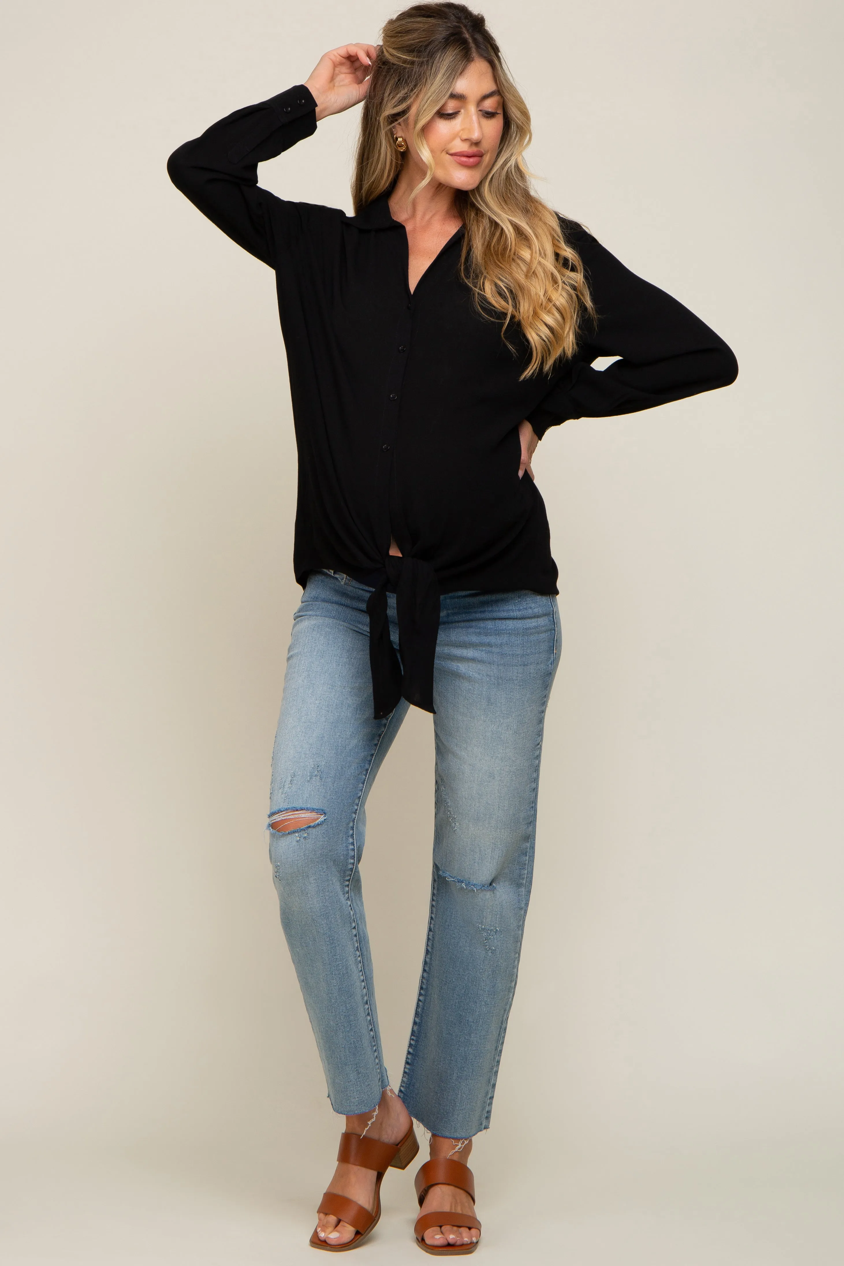 Black Collared Button Down Knotted Maternity Shirt sold by Pinkblush product image thumbnail 4