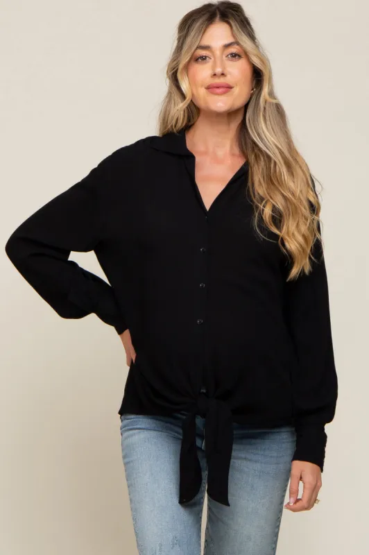 Black Collared Button Down Knotted Maternity Shirt sold by Pinkblush