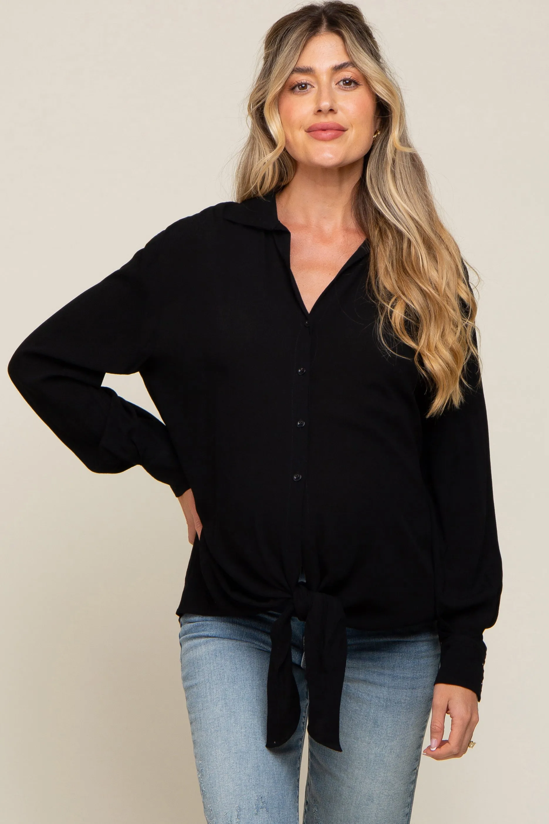 Black Collared Button Down Knotted Maternity Shirt sold by Pinkblush