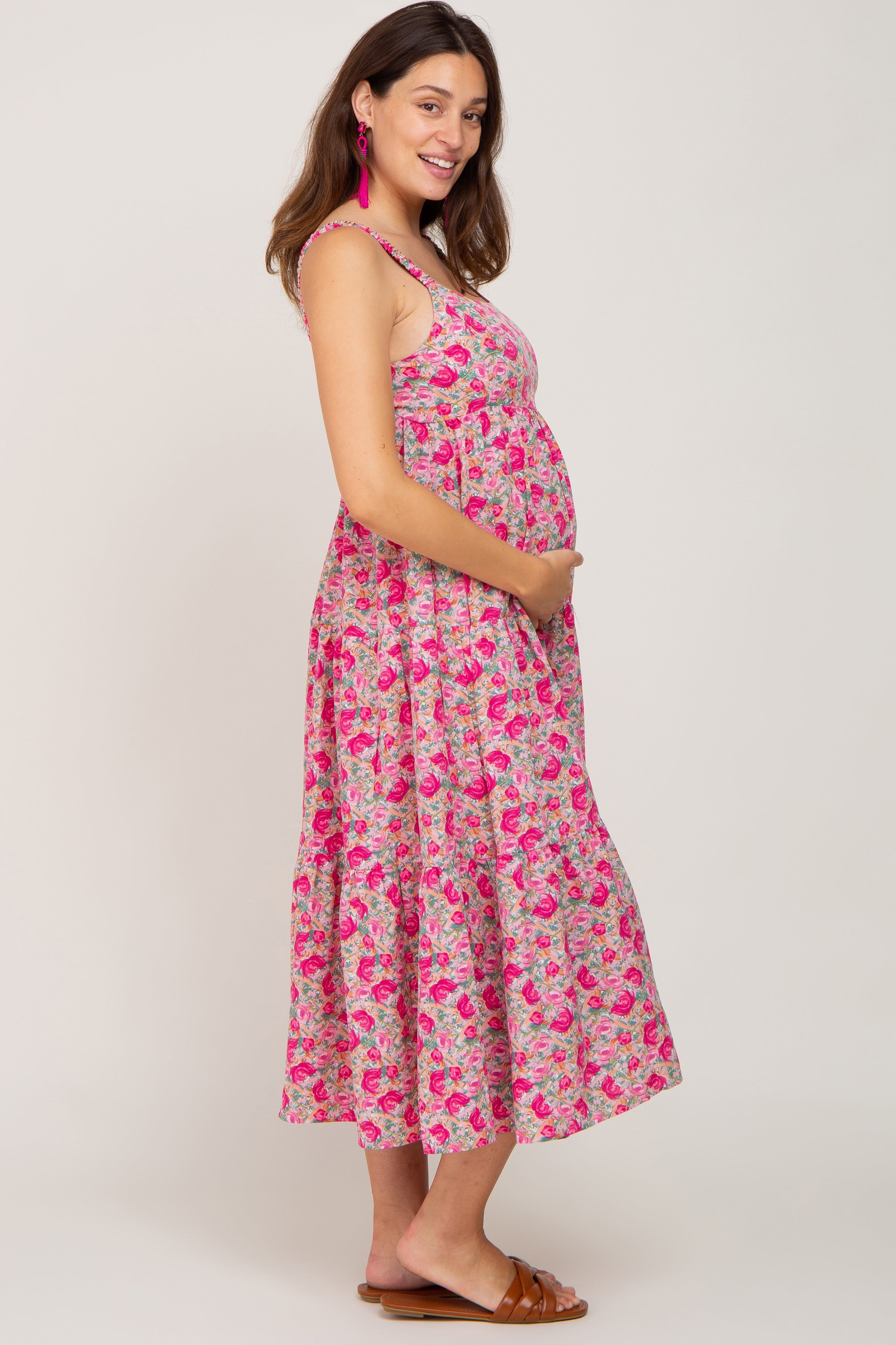 Fuchsia Floral Sleeveless Tiered Maternity Maxi Dress sold by Pinkblush product image thumbnail 2