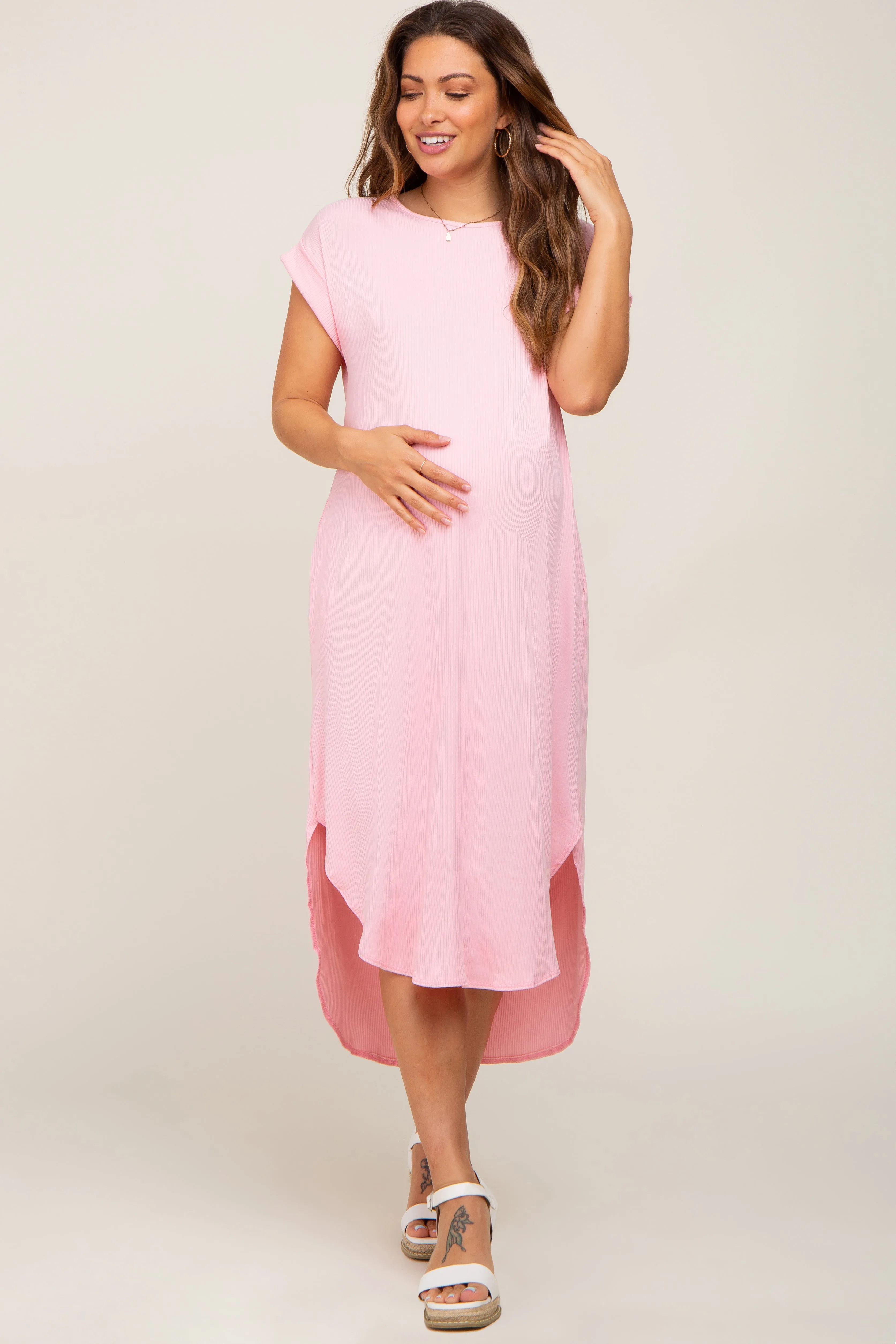 Light Pink Ribbed Round Hi-Lo Hem Maternity Dress sold by Pinkblush product image thumbnail 4