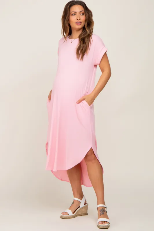 Light Pink Ribbed Round Hi-Lo Hem Maternity Dress sold by Pinkblush