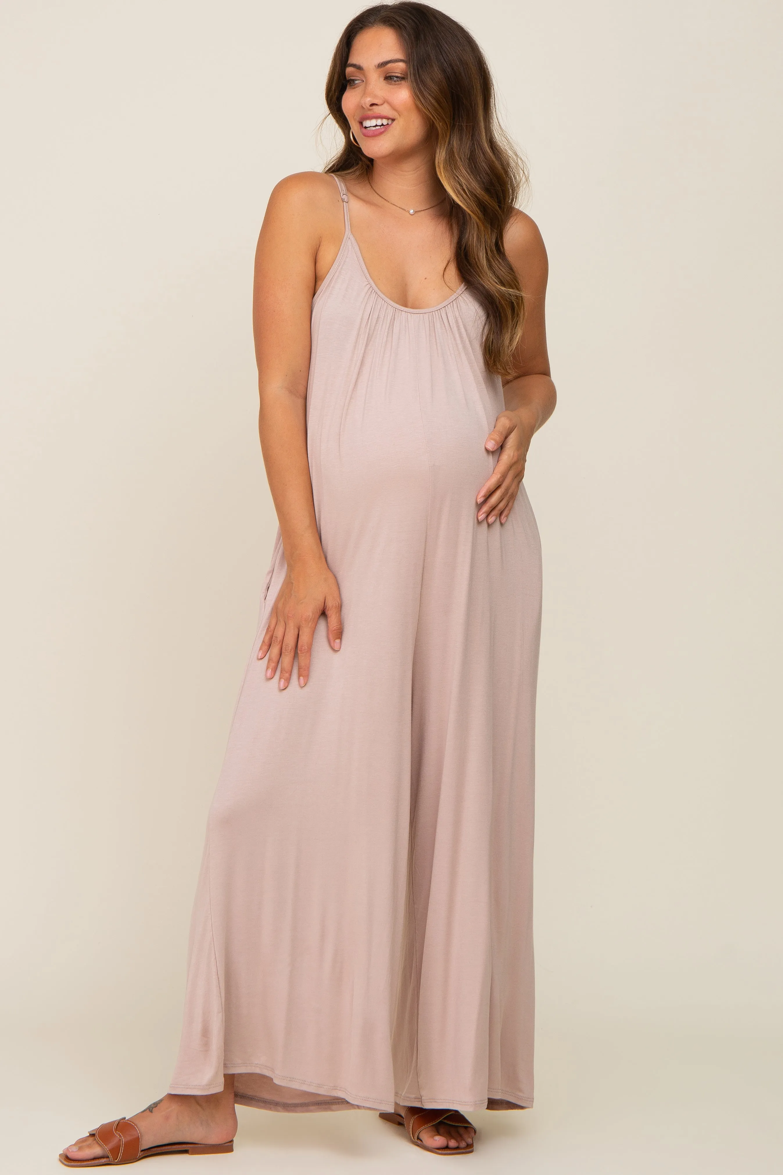 Taupe Basic Cropped Wide Leg Maternity Jumpsuit sold by Pinkblush product image thumbnail 4
