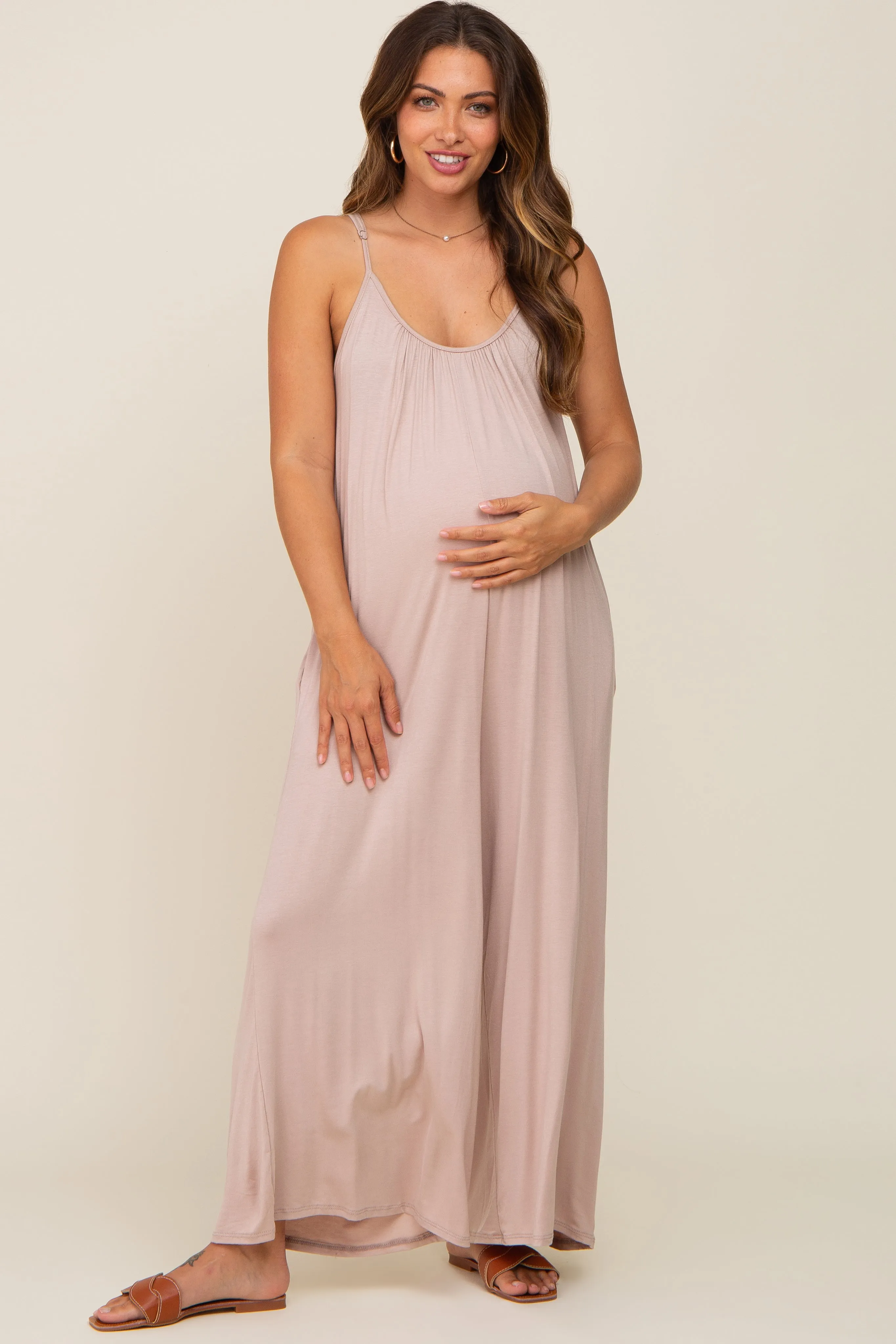 Taupe Basic Cropped Wide Leg Maternity Jumpsuit sold by Pinkblush