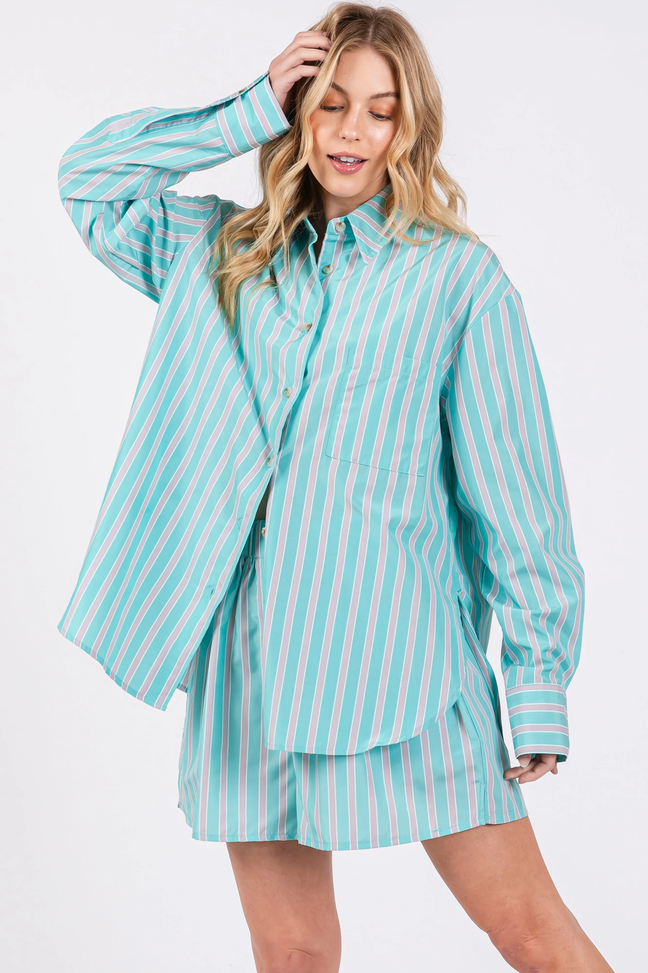 Aqua Striped Button Down Top and Short Maternity Set sold by Pinkblush product image thumbnail 3