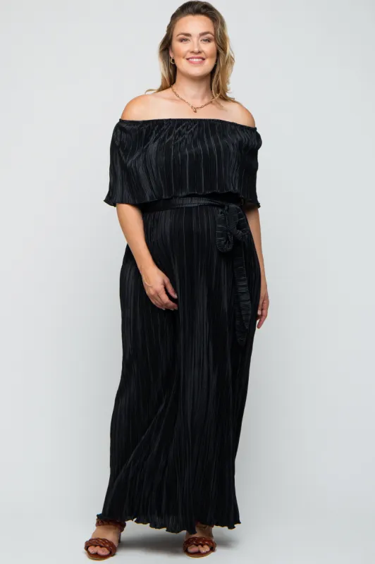 Black Plisse Off Shoulder Maternity Plus Maxi Dress sold by Pinkblush