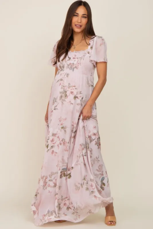 Light Pink Floral Chiffon Smocked Short Sleeve Maternity Maxi Dress sold by Pinkblush