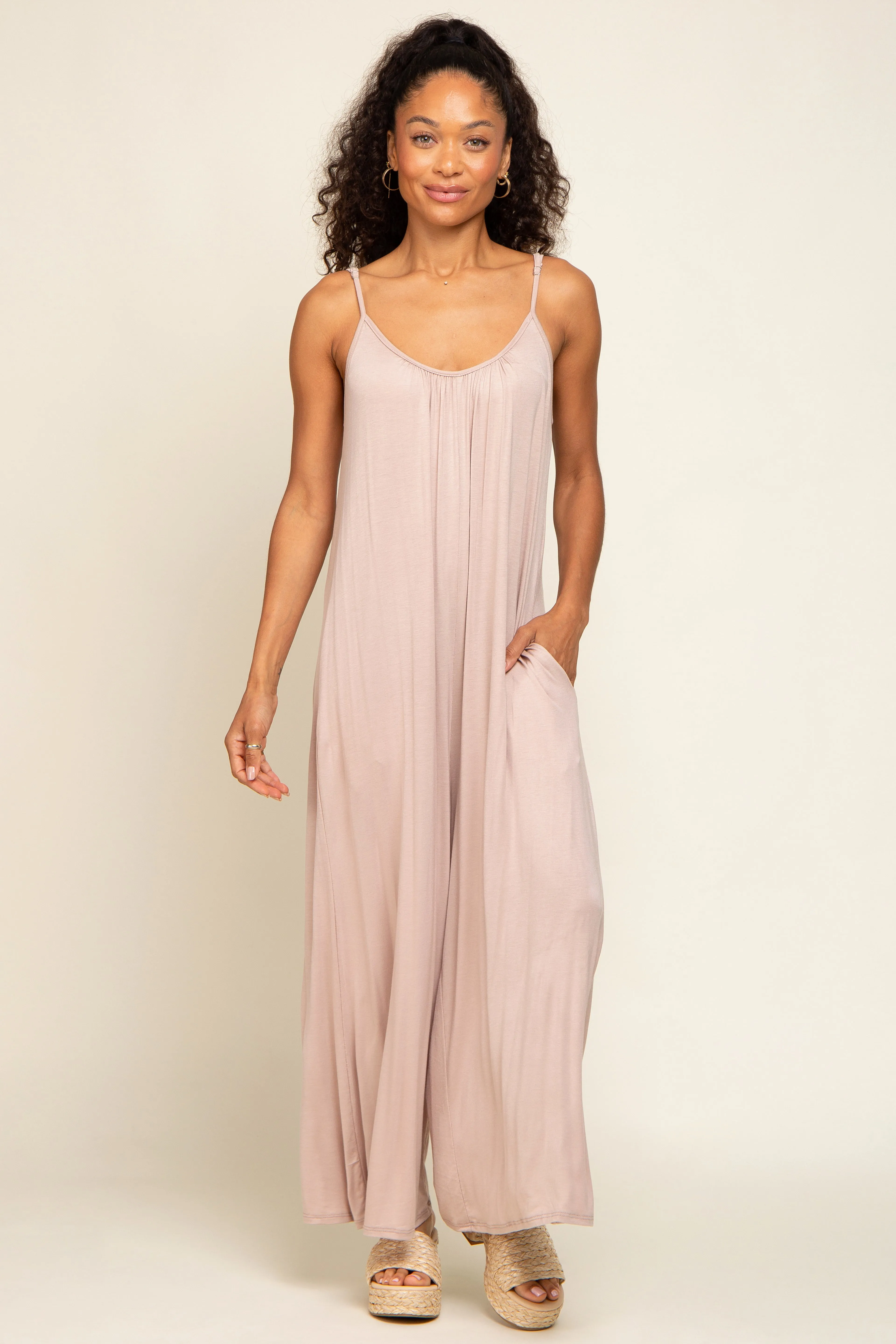 Taupe Basic Cropped Wide Leg Maternity Jumpsuit sold by Pinkblush product image thumbnail 5