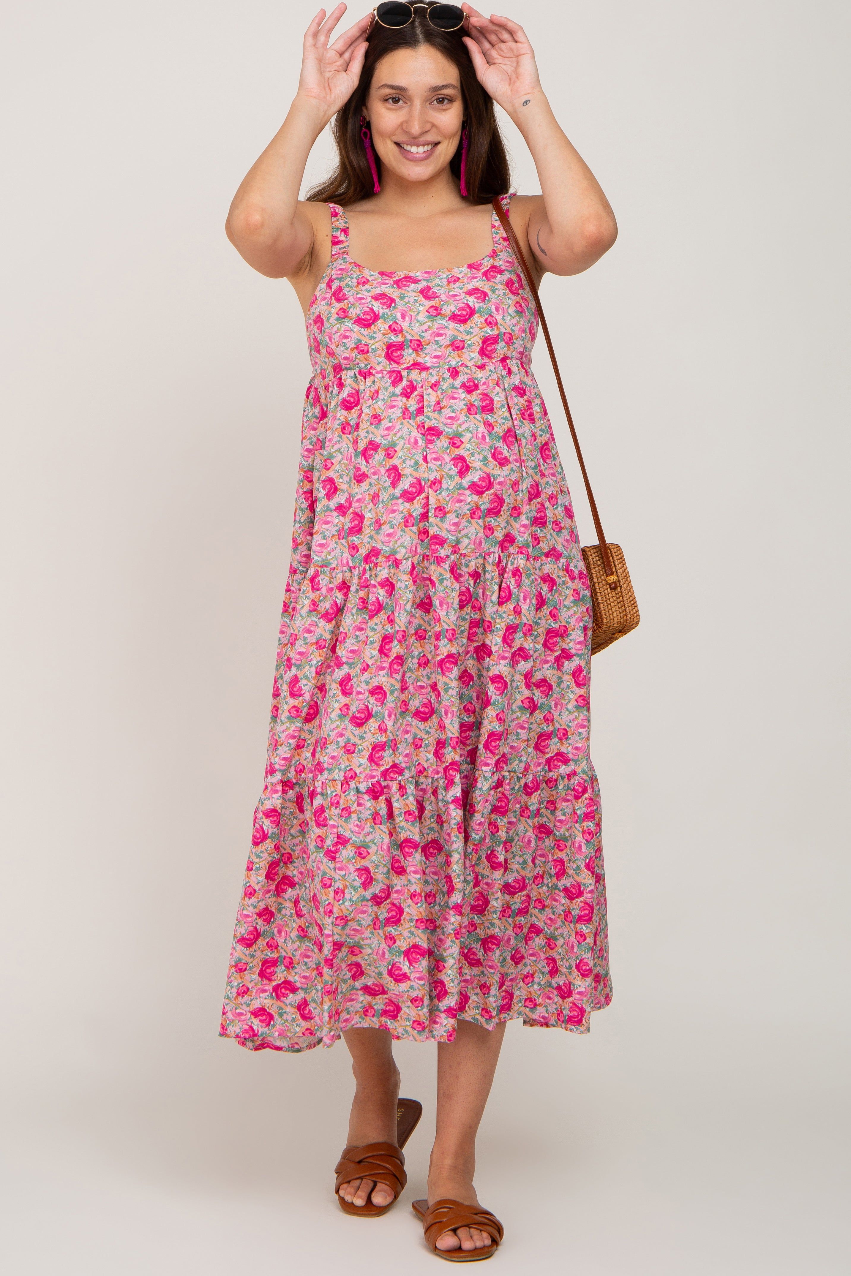 Fuchsia Floral Sleeveless Tiered Maternity Maxi Dress sold by Pinkblush product image thumbnail 4