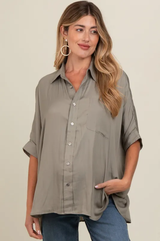 Olive Satin Oversized Maternity Shirt sold by Pinkblush