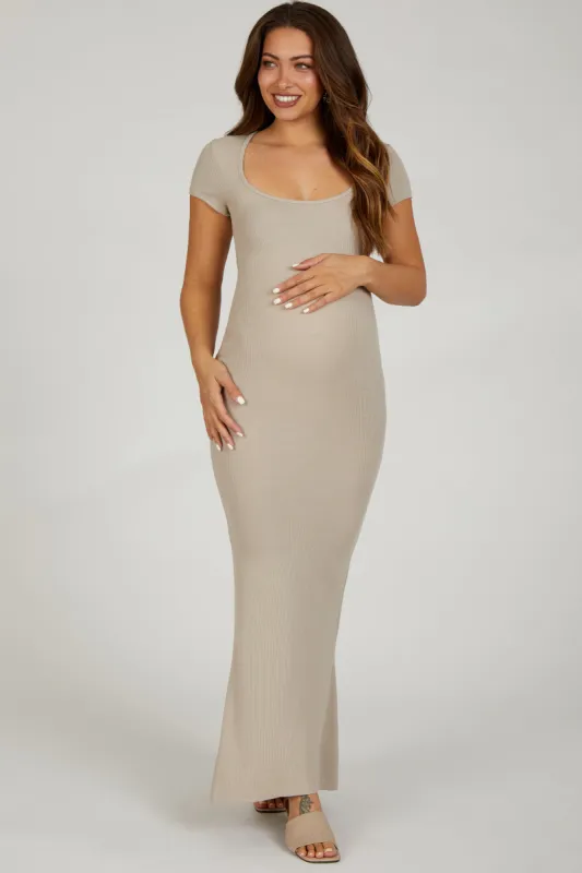Beige Ribbed Scoop Neck Maternity Maxi Dress sold by Pinkblush
