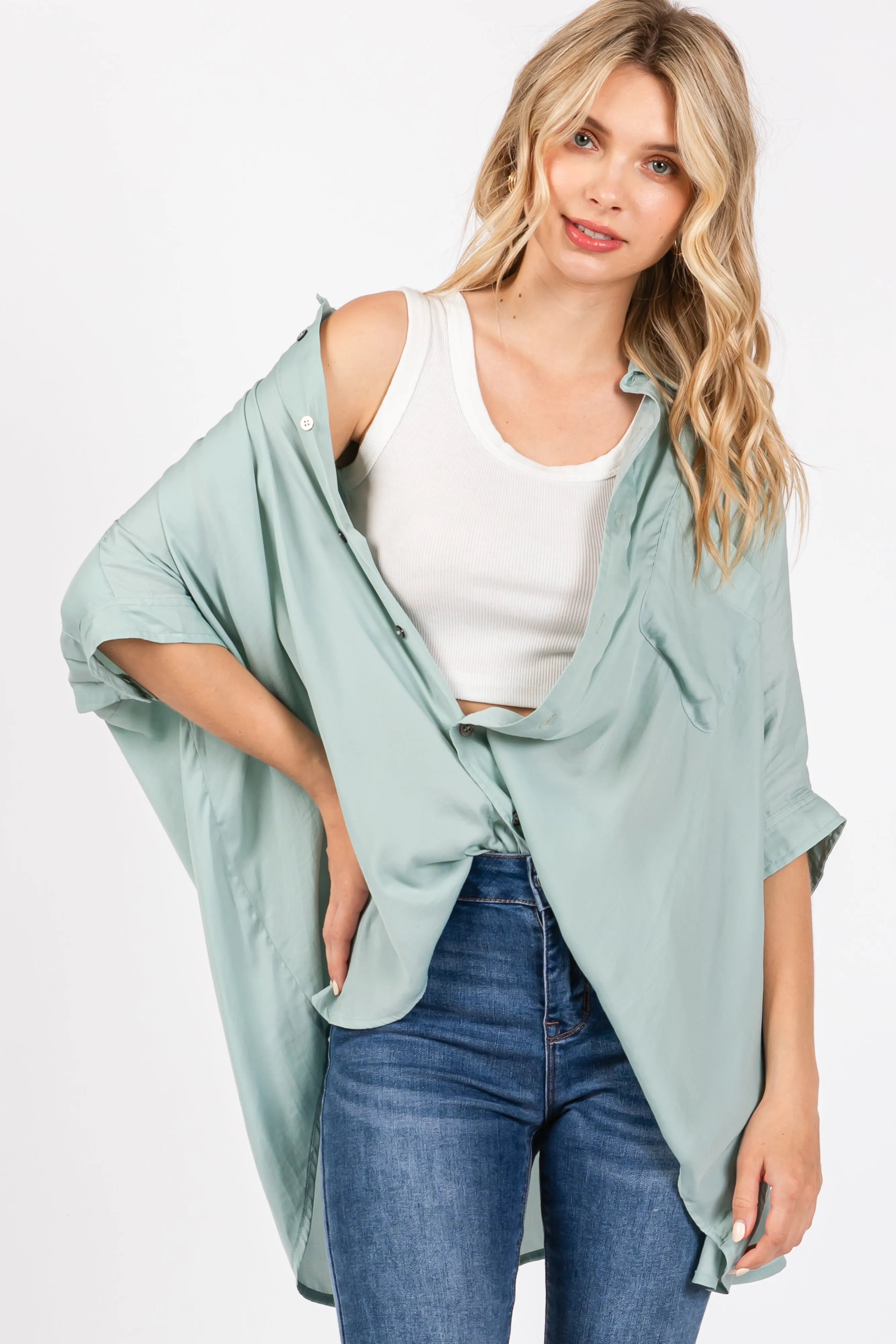 Sage Satin Oversized Shirt sold by Pinkblush product image thumbnail 5