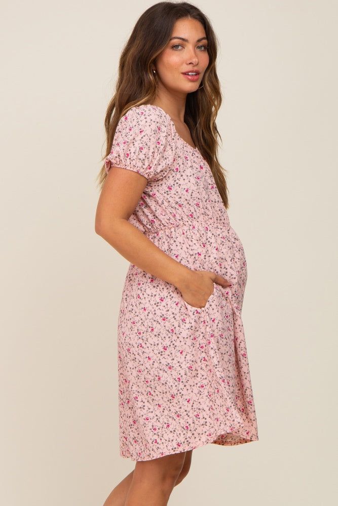 Light Pink Floral Shirred Short Sleeve Maternity Dress sold by Pinkblush product image thumbnail 2