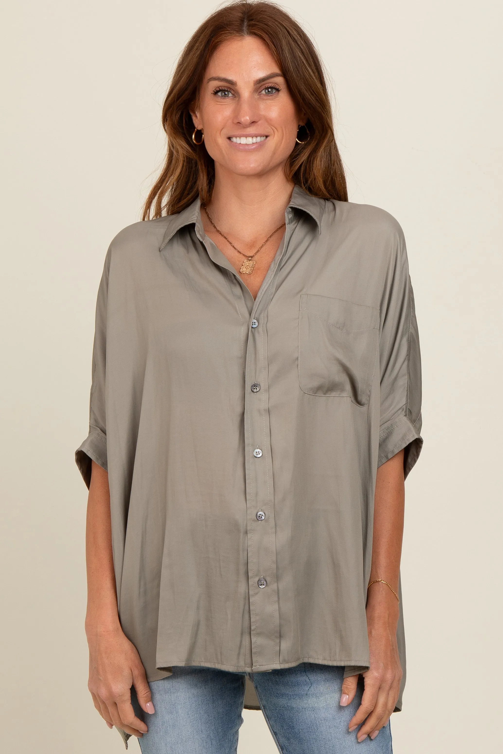 Olive Satin Oversized Maternity Shirt sold by Pinkblush product image thumbnail 4