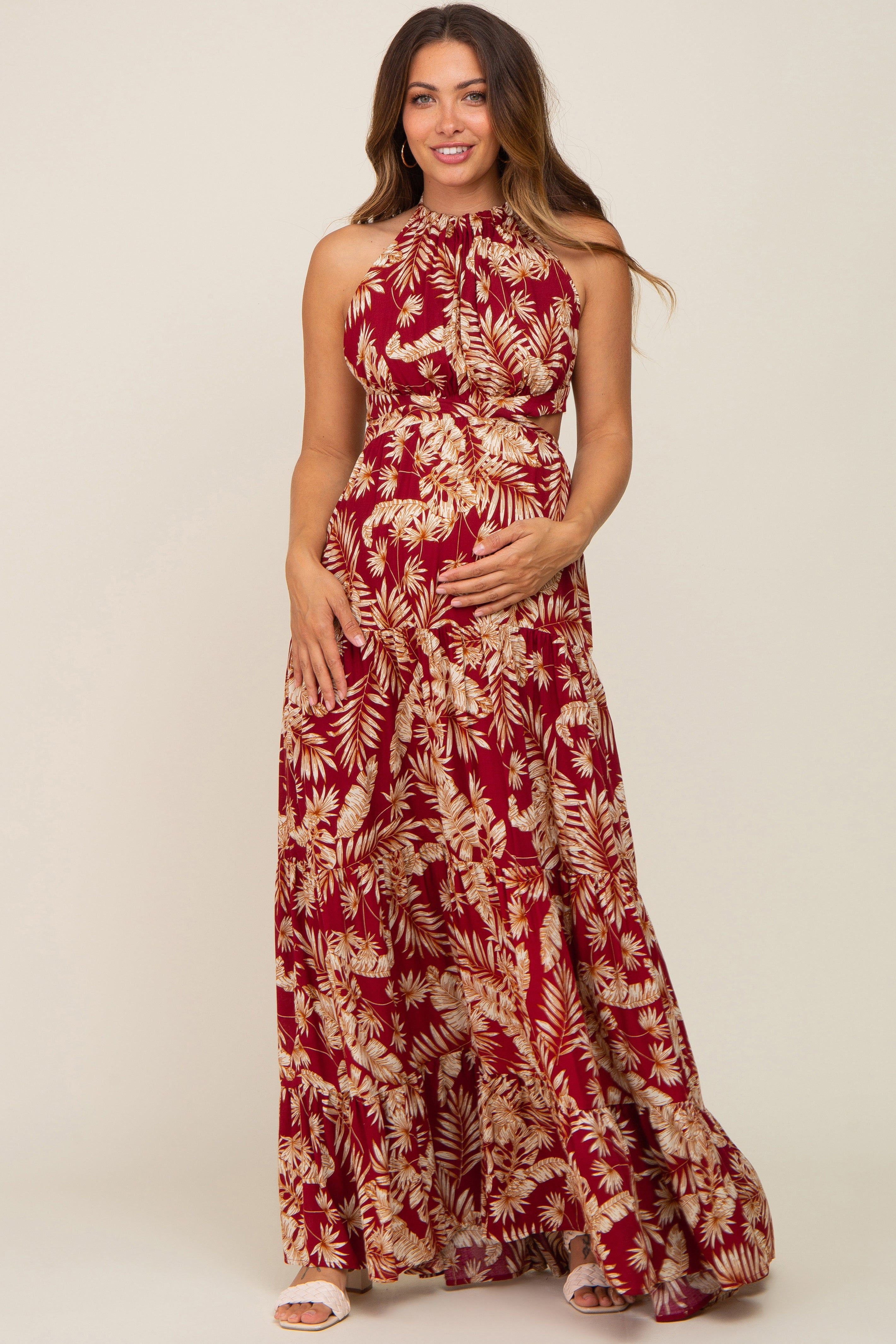 Burgundy Palm Open Back Halter Tiered Maternity Maxi Dress sold by Pinkblush product image thumbnail 2