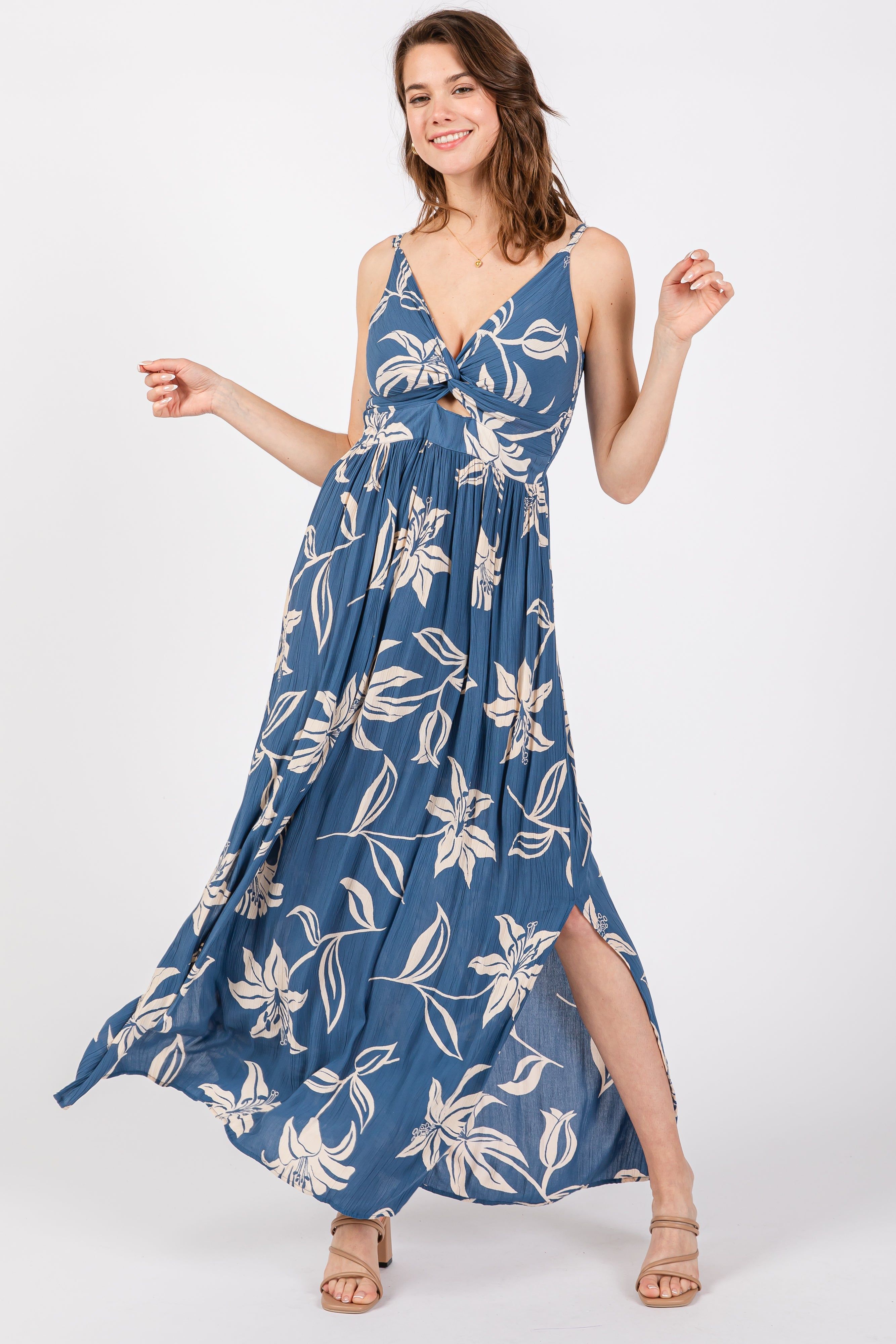 Blue Floral Sleeveless Knotted Maxi Dress sold by Pinkblush product image thumbnail 5