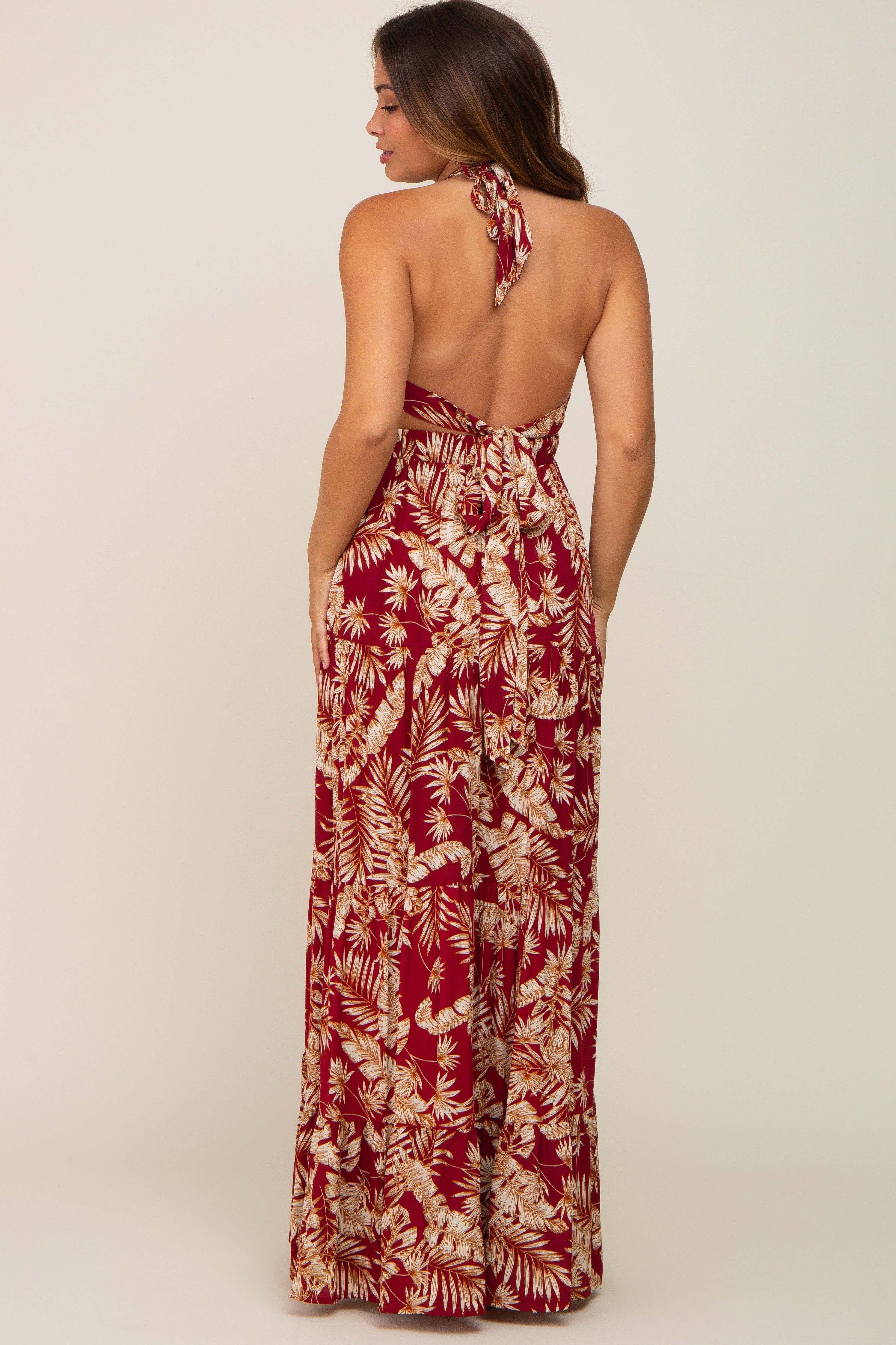 Burgundy Palm Open Back Halter Tiered Maternity Maxi Dress sold by Pinkblush product image thumbnail 4