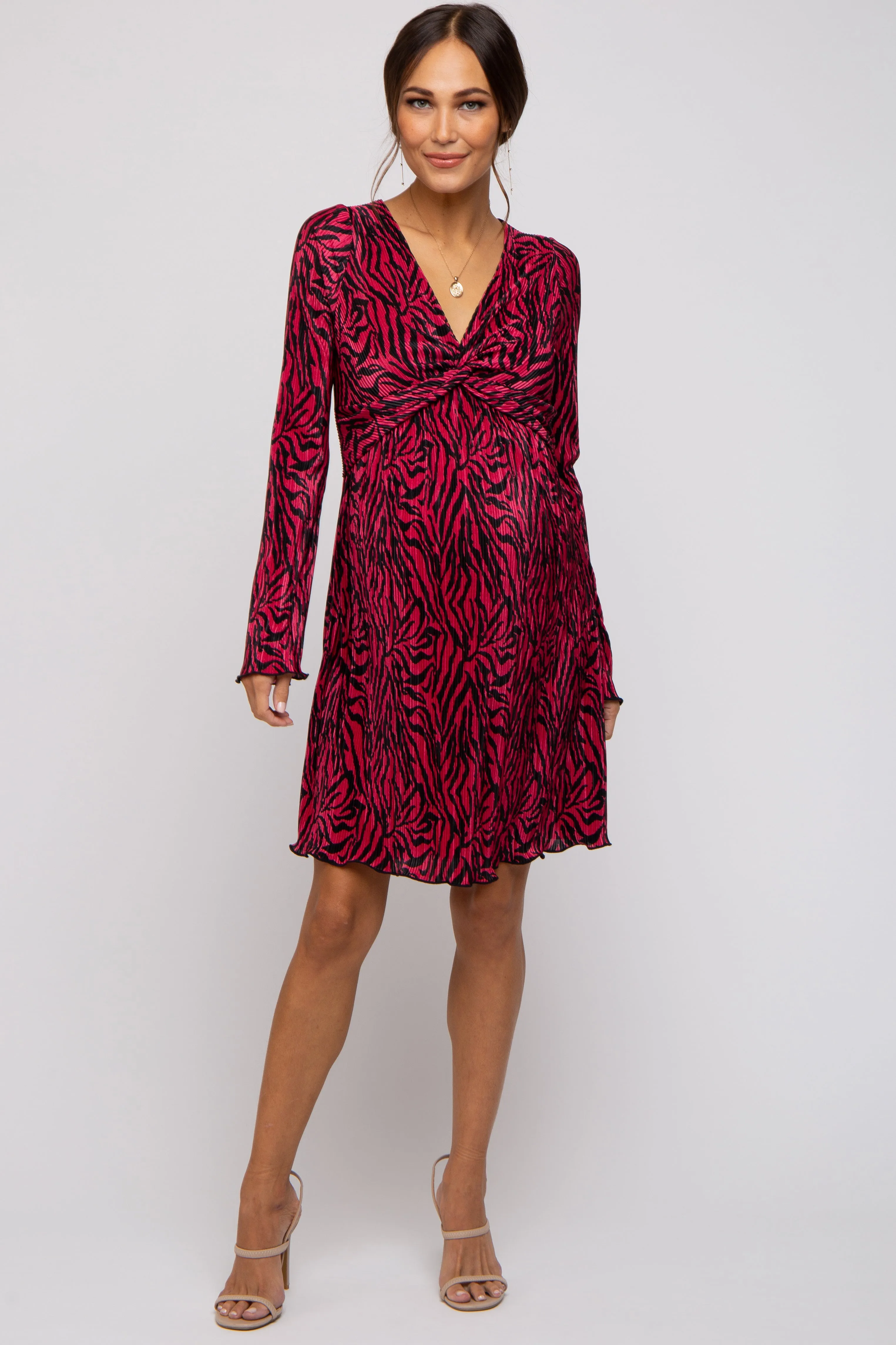 Burgundy Printed Plisse Maternity Dress sold by Pinkblush