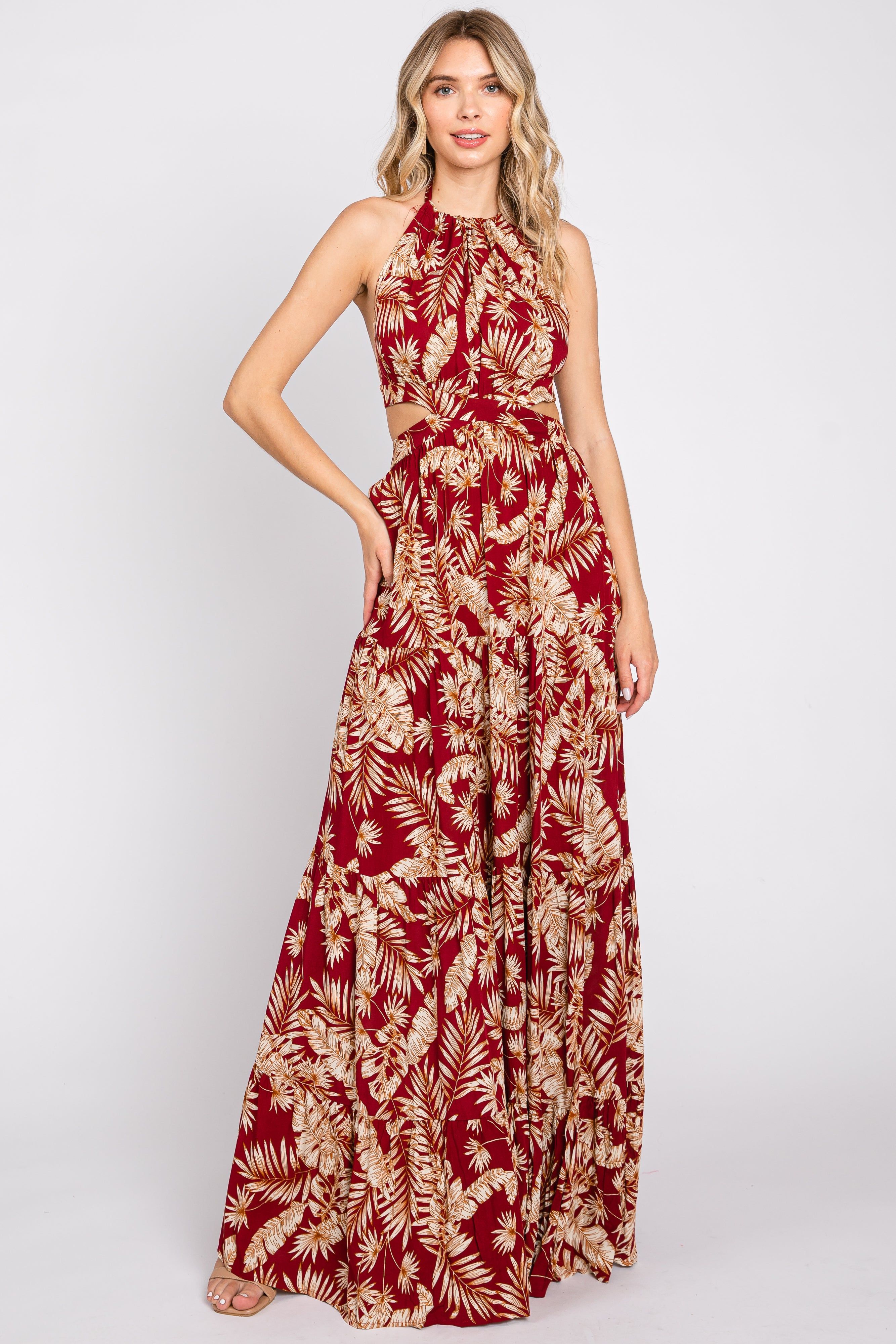 Burgundy Palm Open Back Halter Tiered Maternity Maxi Dress sold by Pinkblush product image thumbnail 5