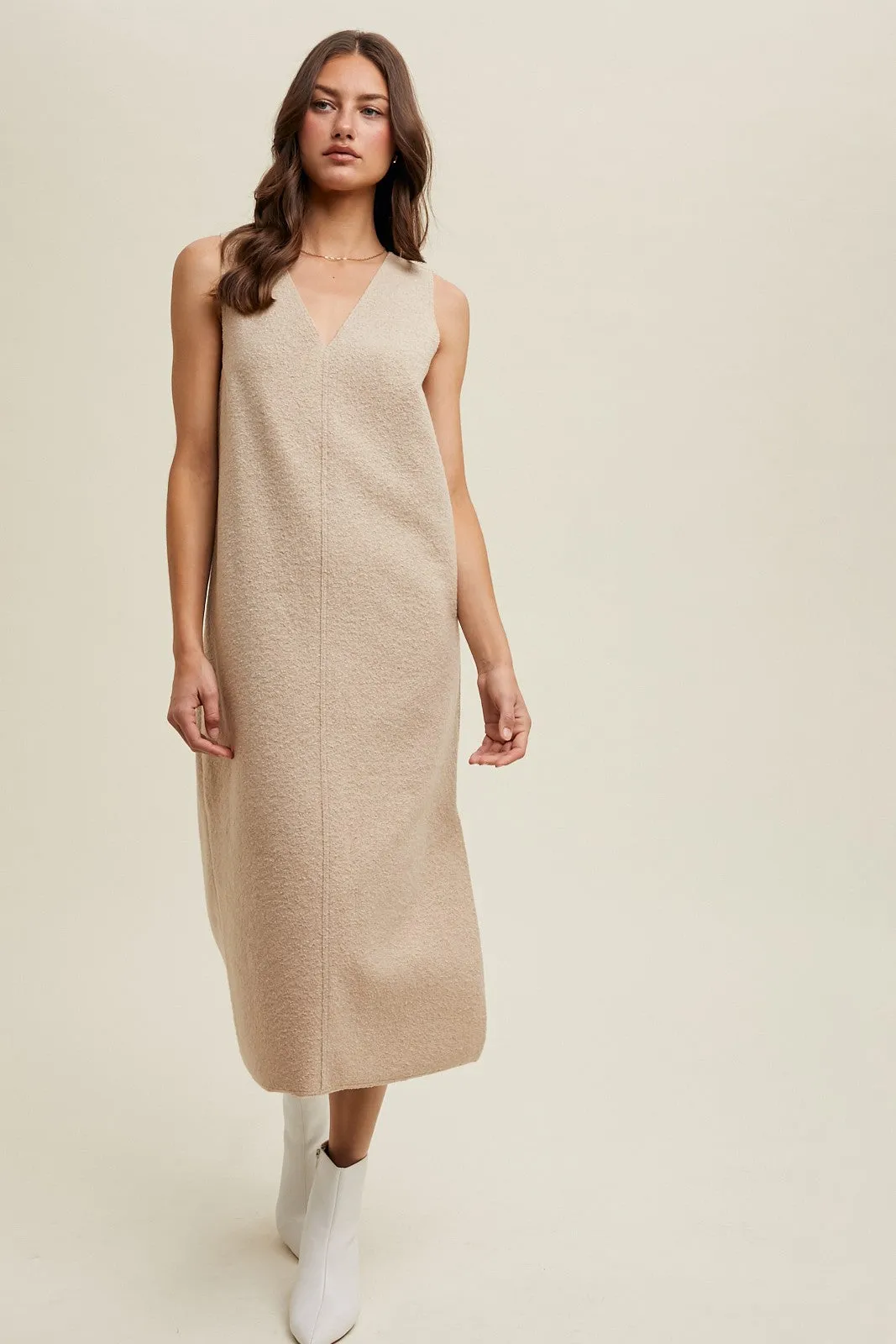 Taupe Sleeveless Midi Dress sold by Pinkblush
